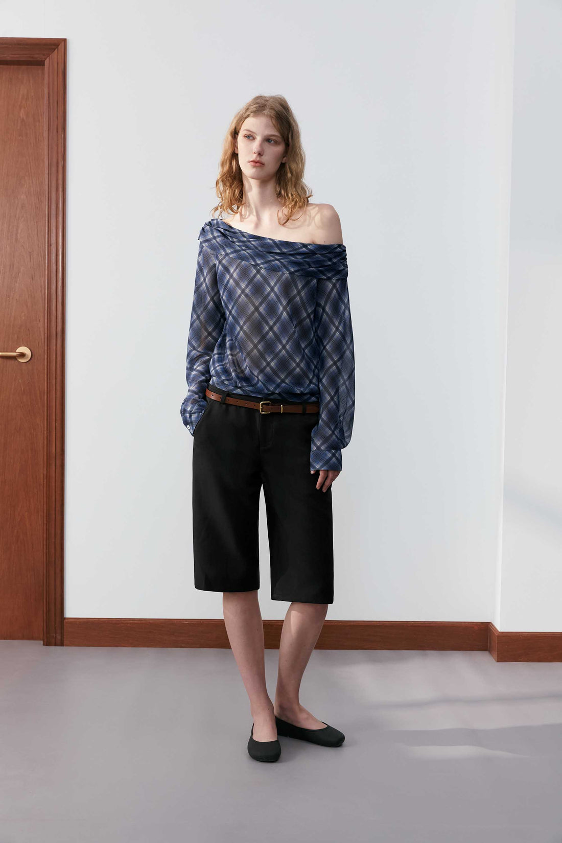 Sheer Check Off-Shoulder Asymmetric Top