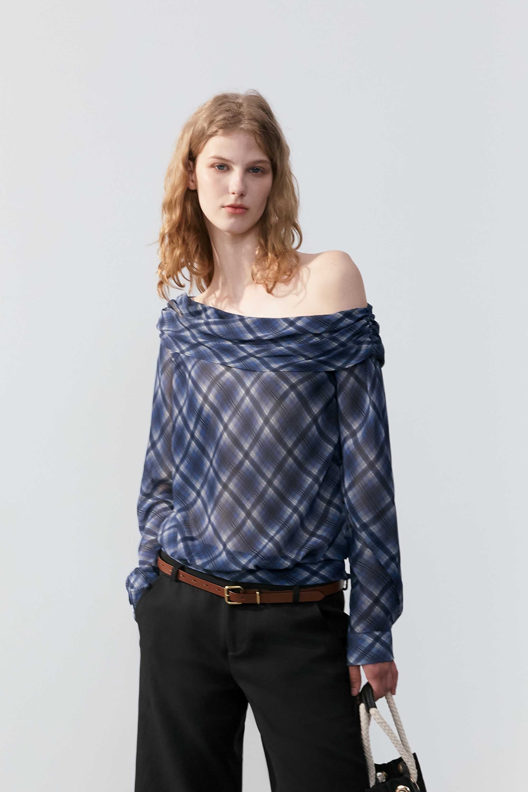 Sheer Check Off-Shoulder Asymmetric Top