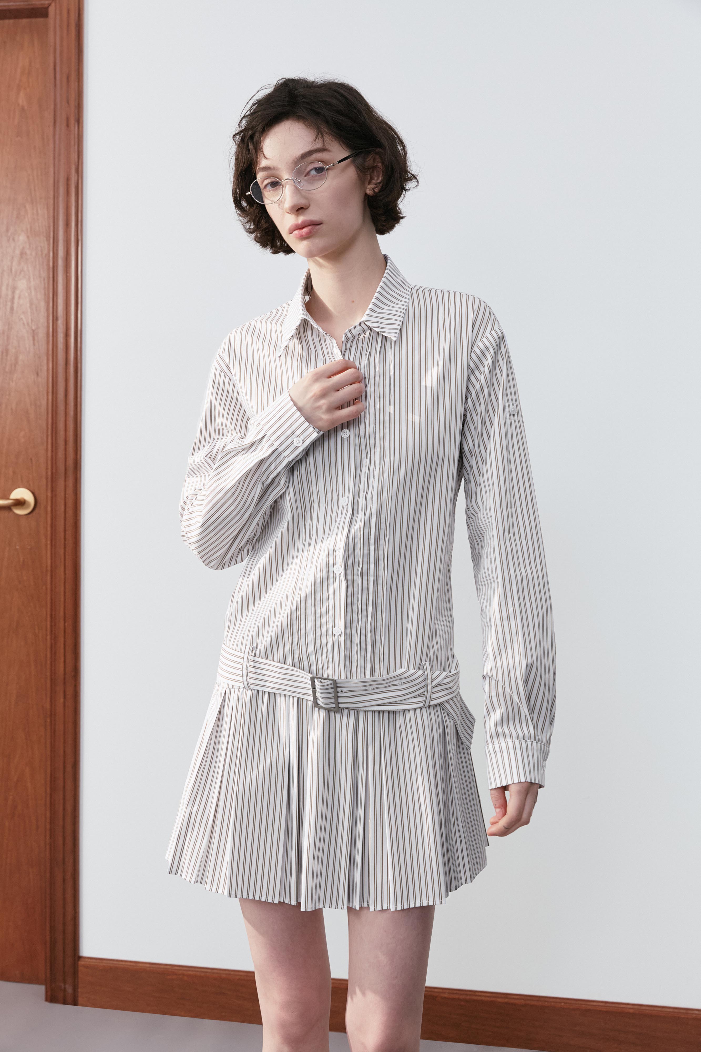 스트라이프 플리츠 셔츠 원피스
