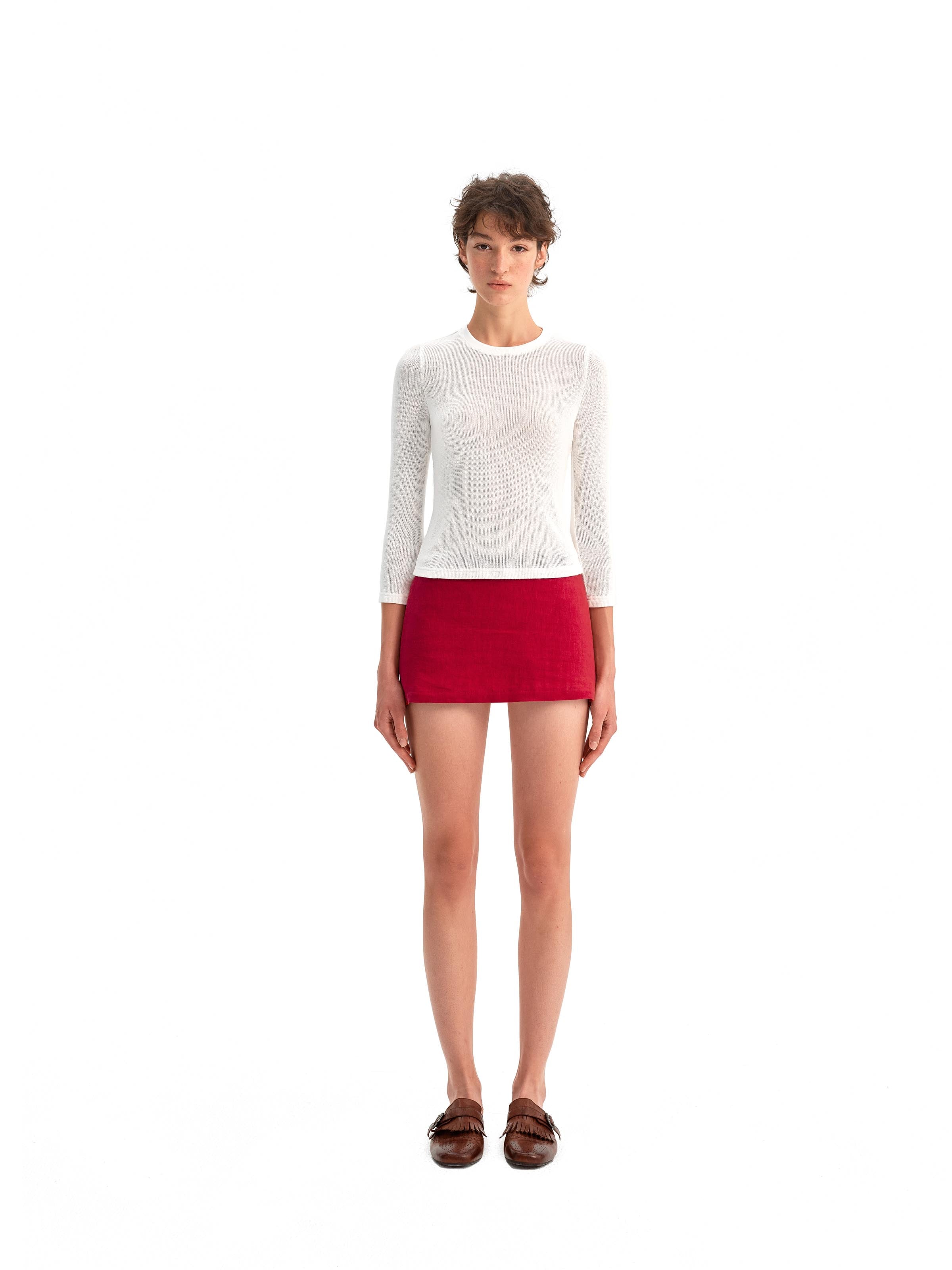Red Linen Straight Mini Skirt