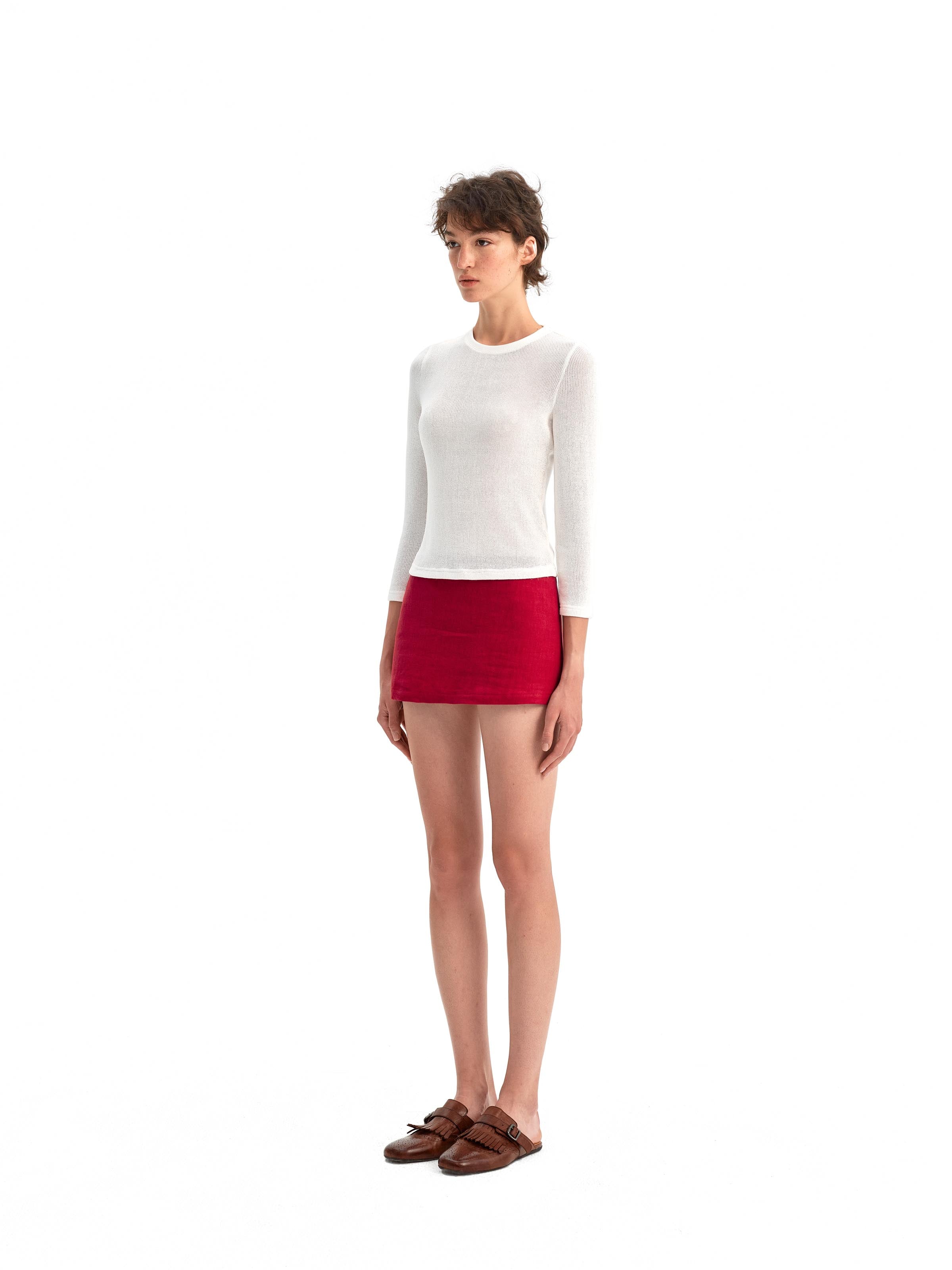Red Linen Straight Mini Skirt