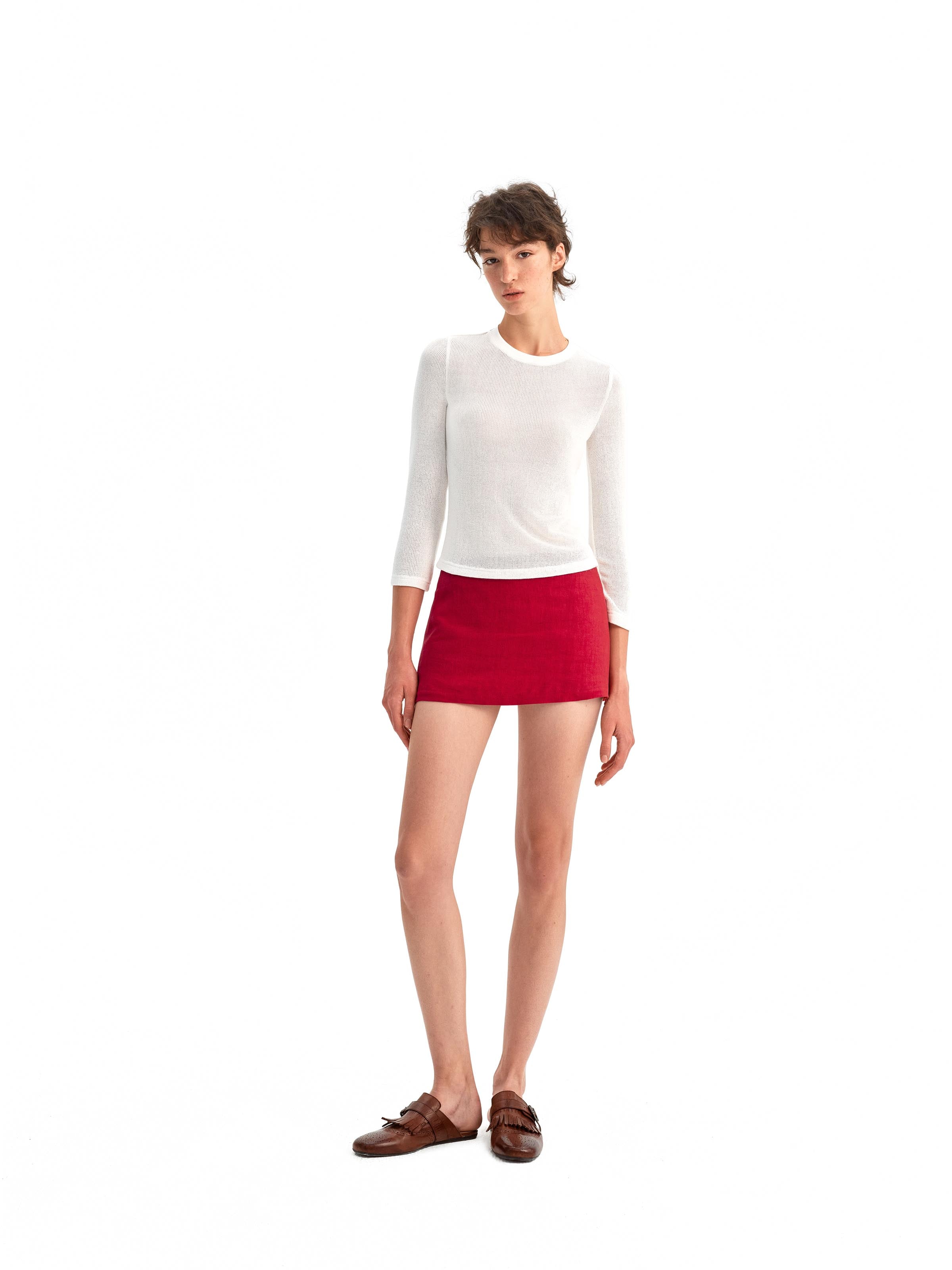 Red Linen Straight Mini Skirt