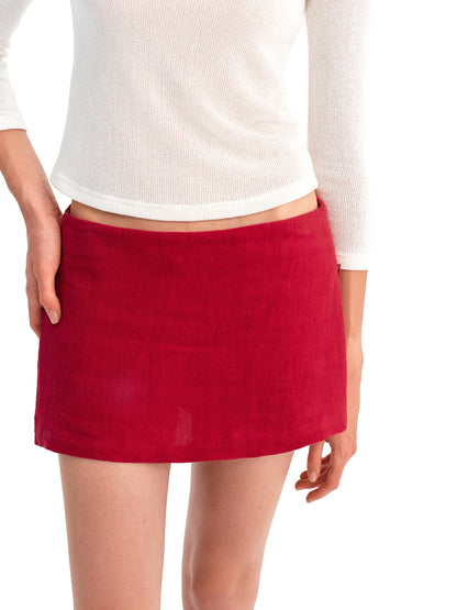 Red Linen Straight Mini Skirt