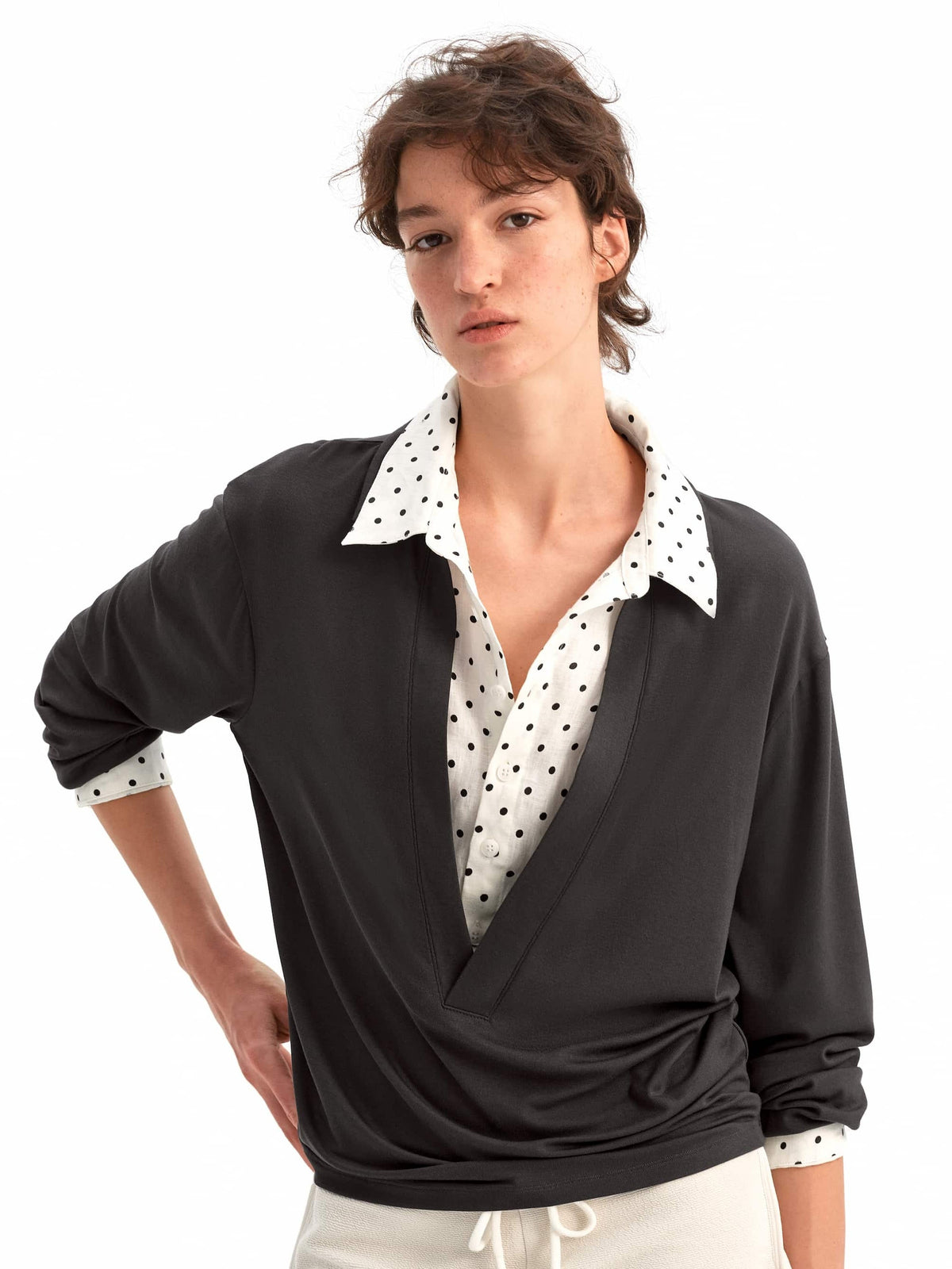 Layered Polka V-Neck Knit Shirt