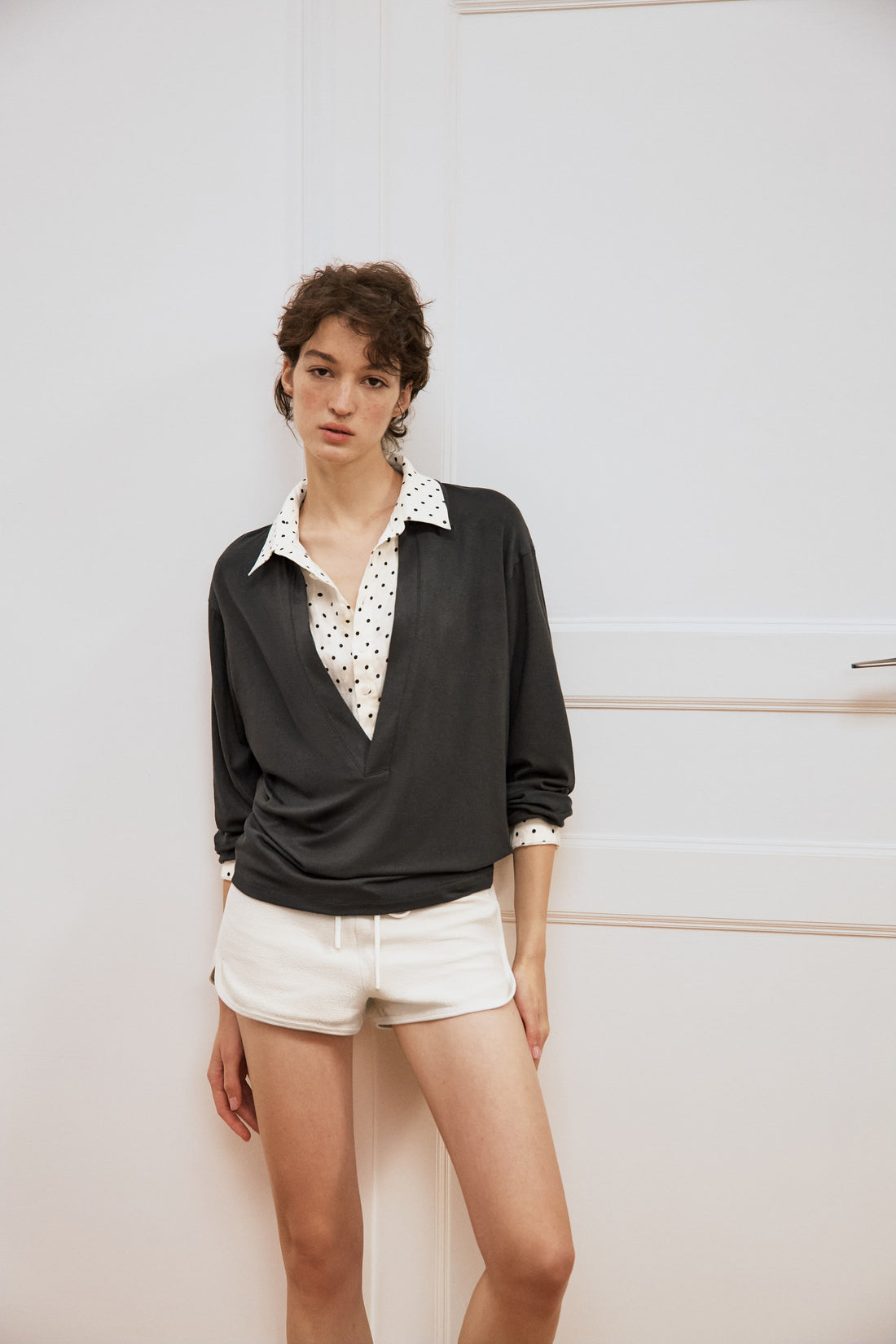 Layered Polka V-Neck Knit Shirt