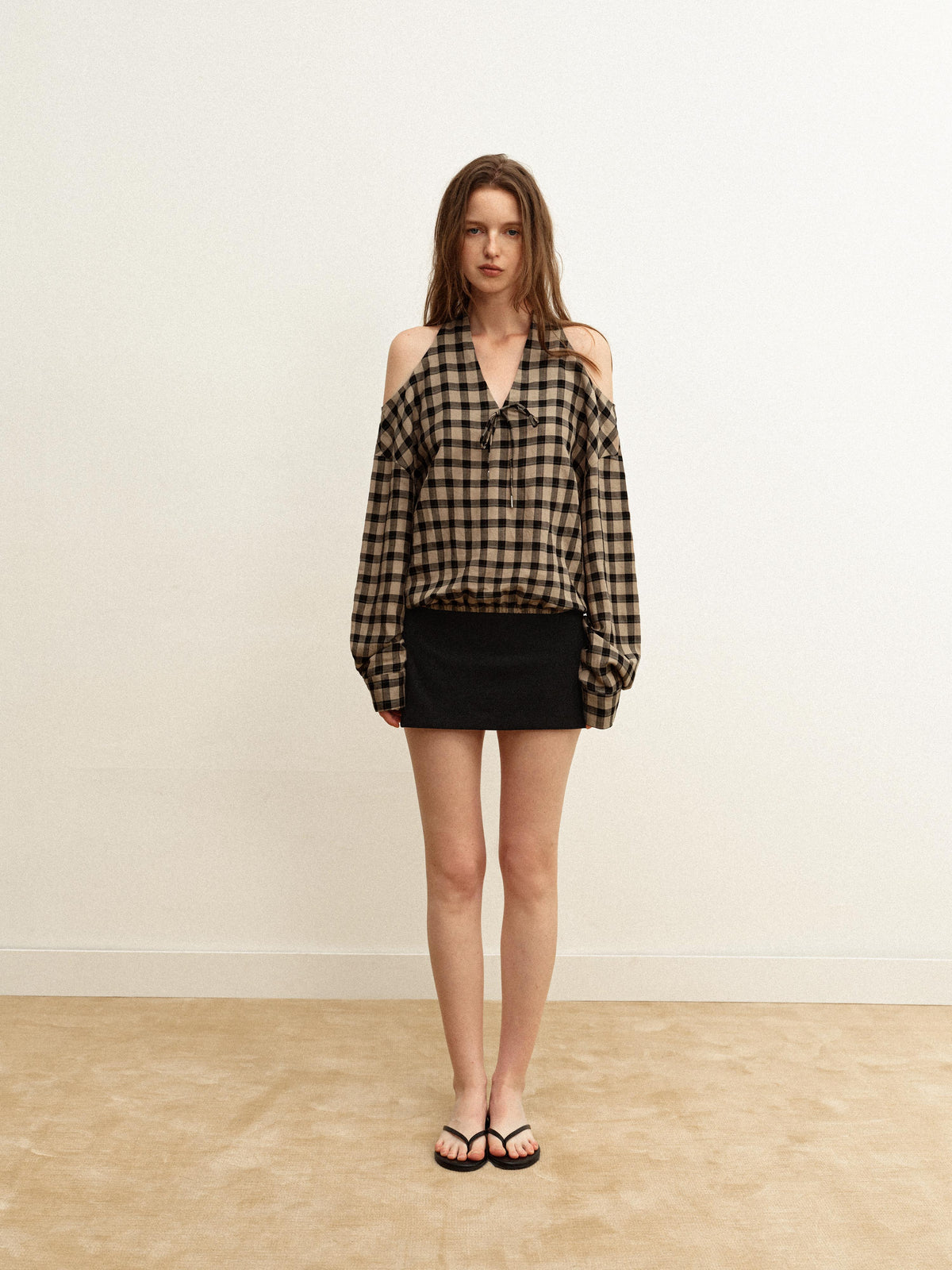 Tencel Plaid Off-Shoulder Top