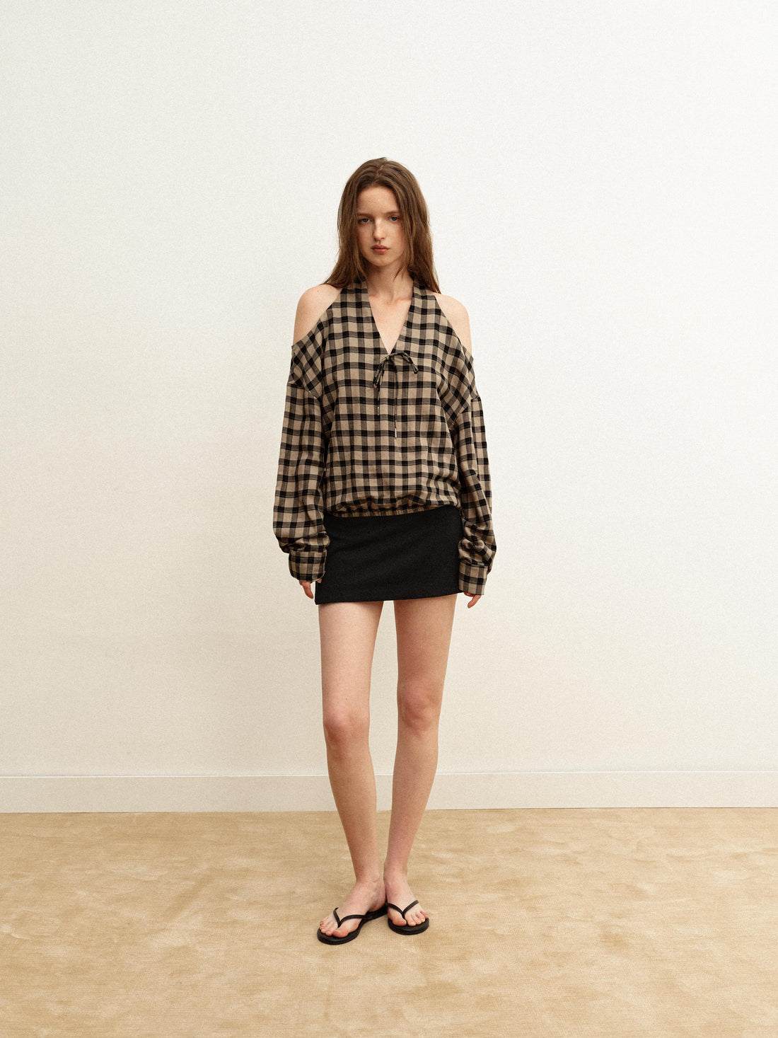 Tencel Plaid Off-Shoulder Top