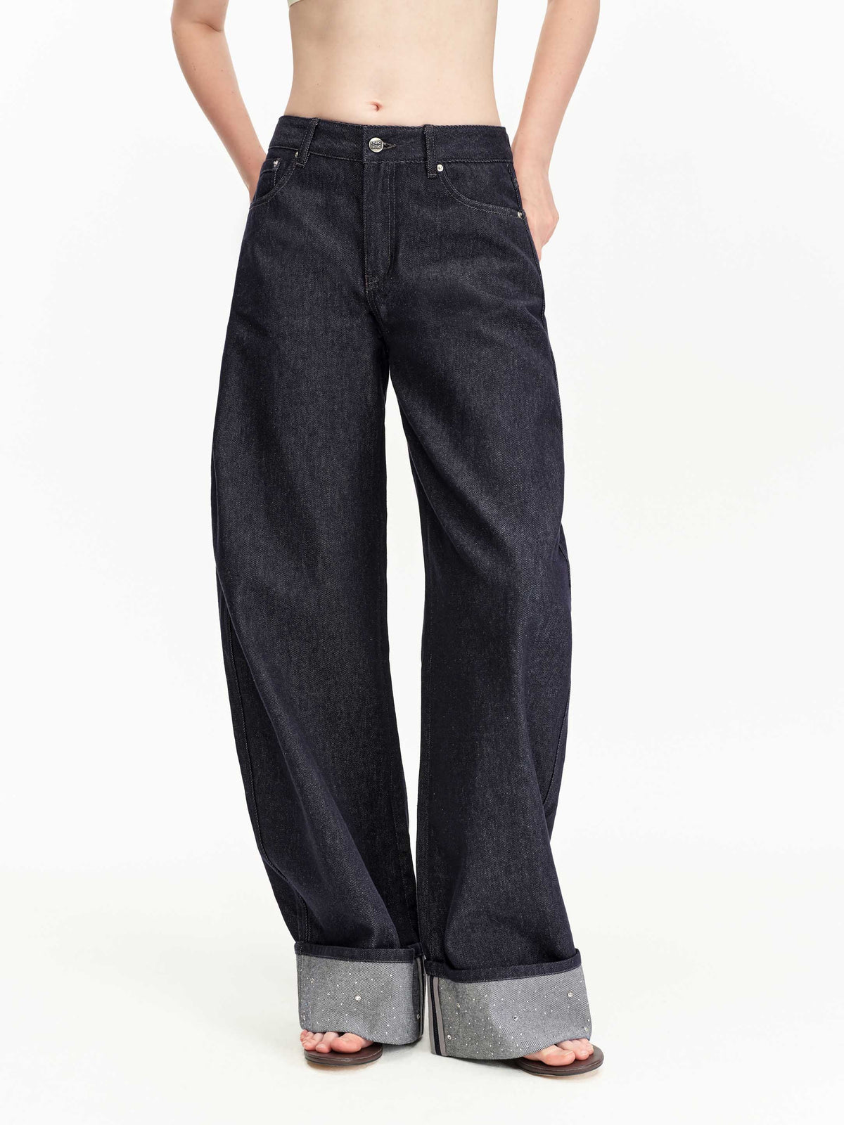 Rhinestone Cuffed Straight Jeans