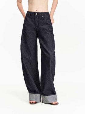 Rhinestone Cuffed Straight Jeans