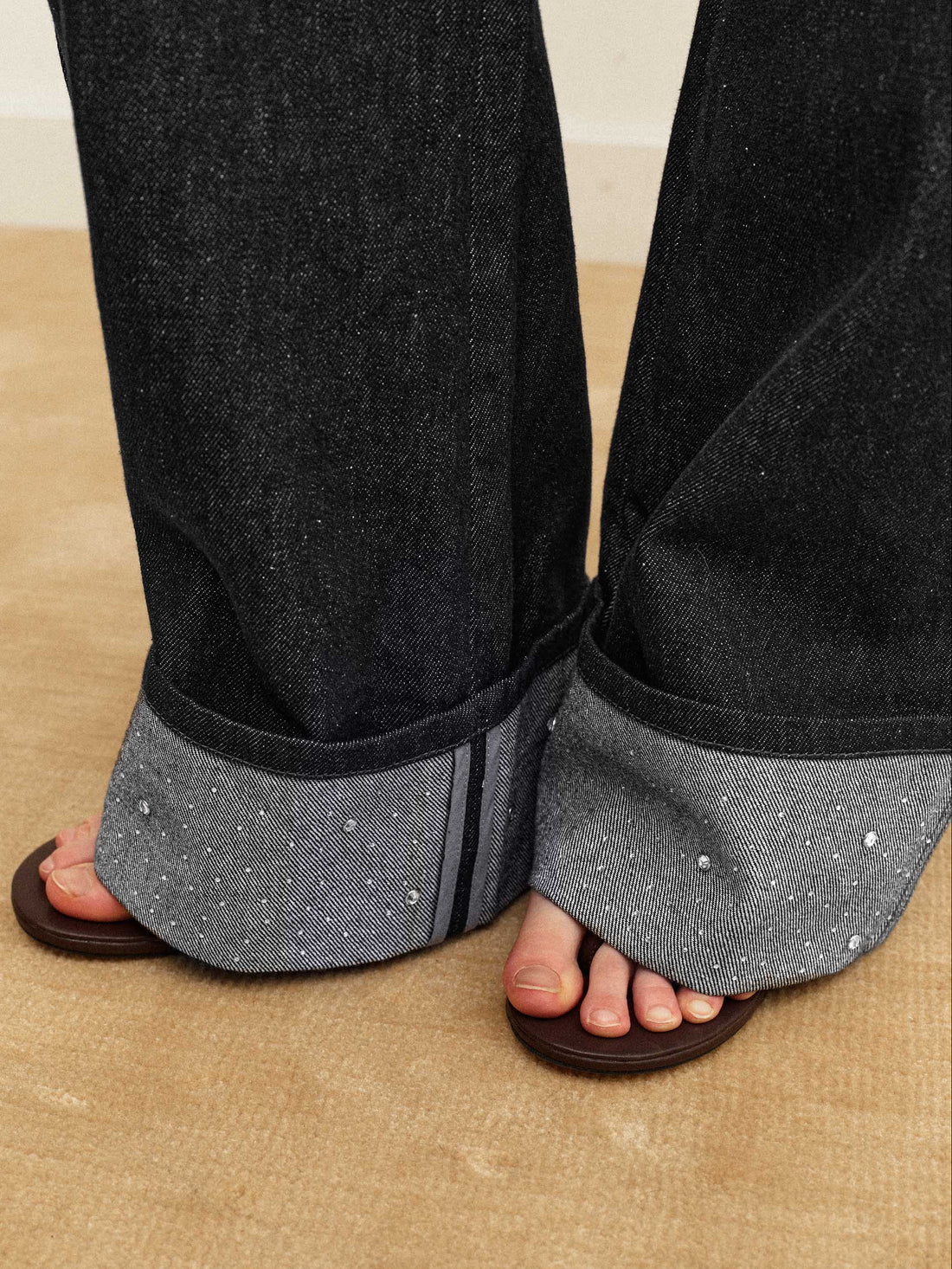 Rhinestone Cuffed Straight Jeans