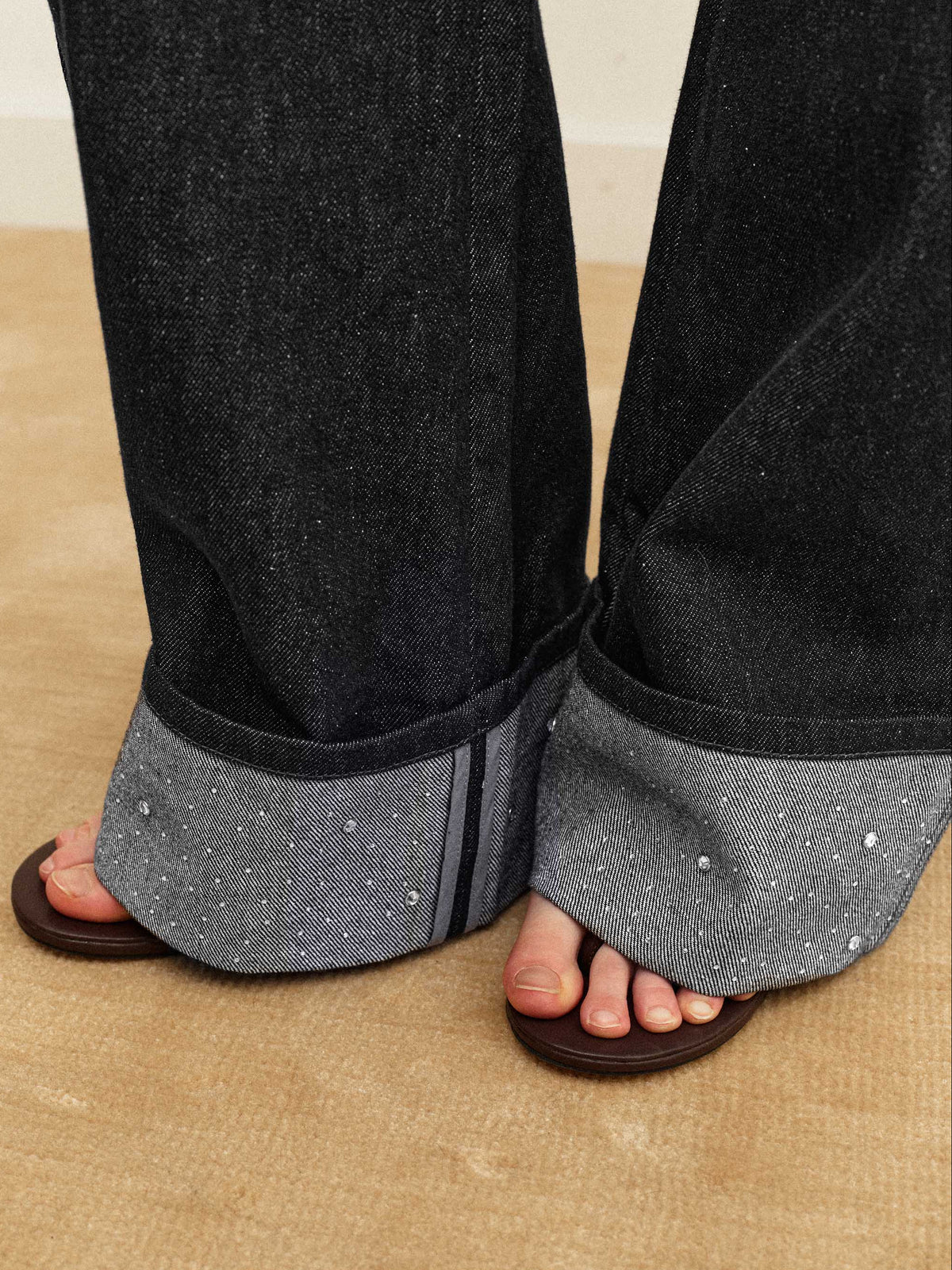 Rhinestone Cuffed Straight Jeans