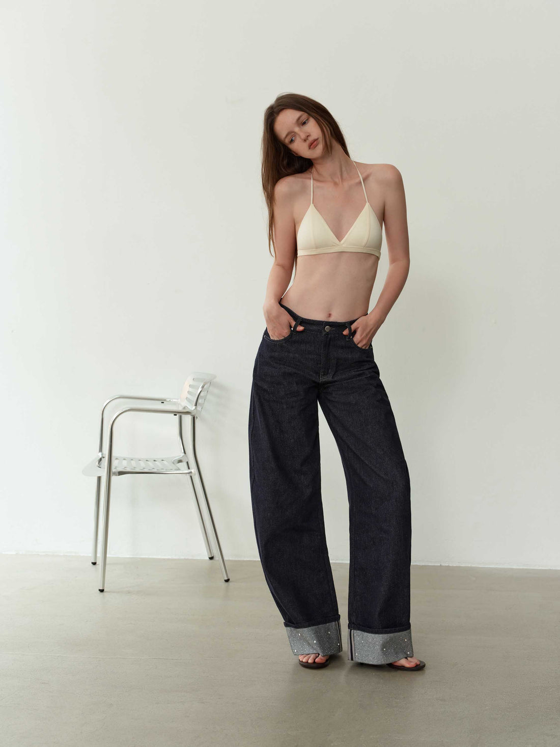 Rhinestone Cuffed Straight Jeans