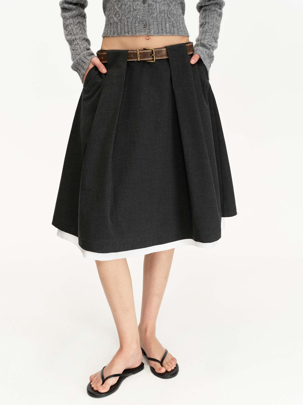 Contrast-Waist A-Line Maxi Skirt