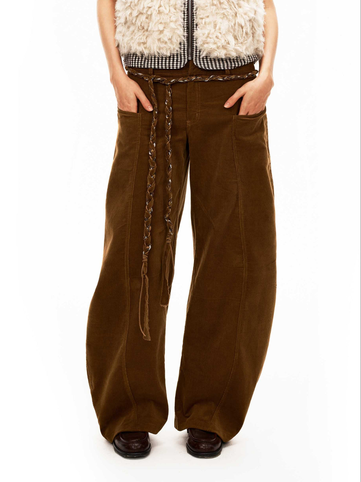 Corduroy Curved Pants with Belt