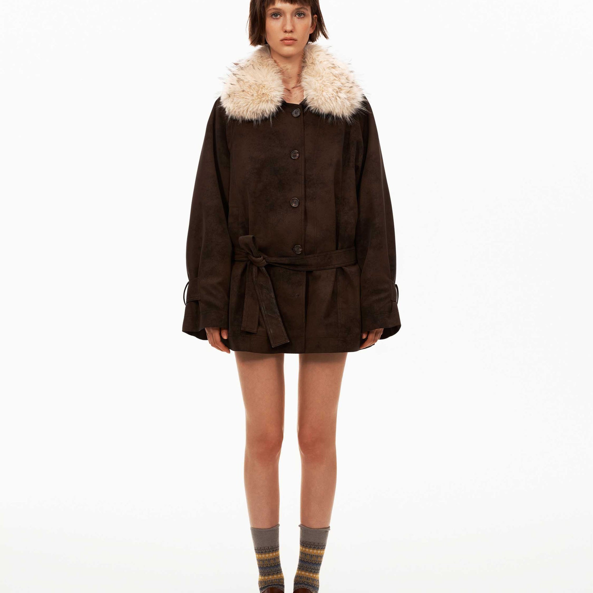Mid-Length Coat With Fur Collar