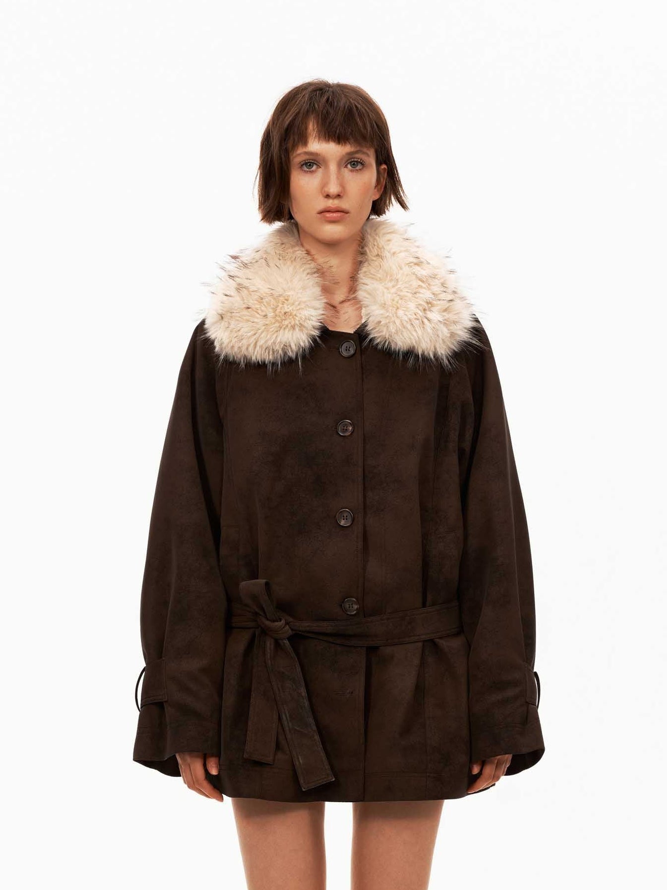 Suede Parka Jacket with Faux Fur Collar