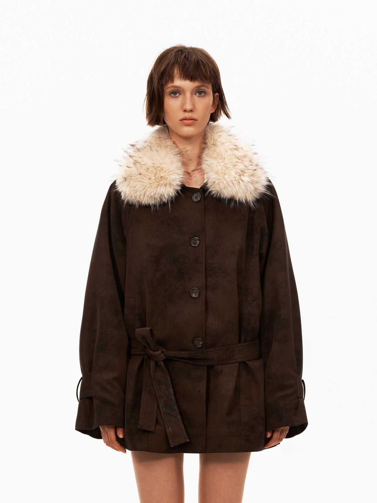 Suede Parka Jacket with Faux Fur Collar