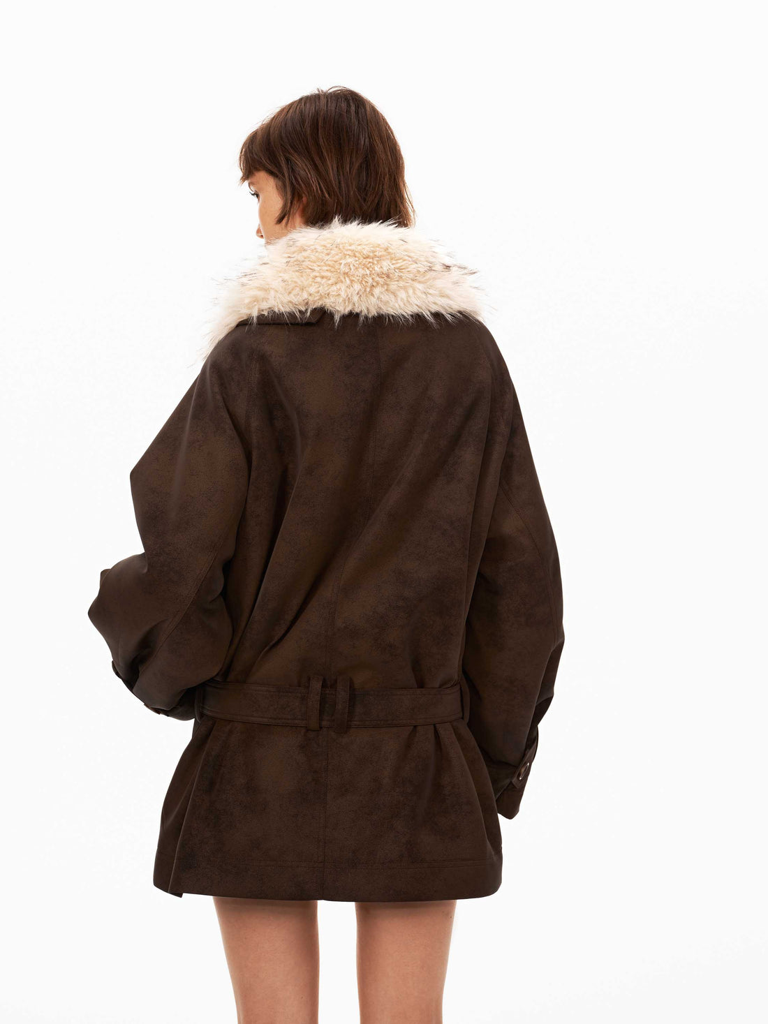 Suede Parka Jacket with Faux Fur Collar