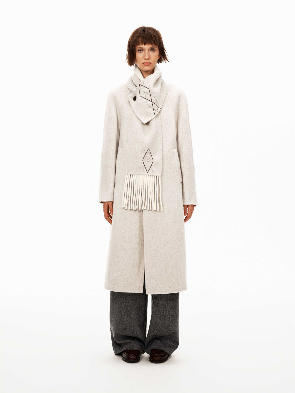 Wool Fringe Coat with Scarf Collar