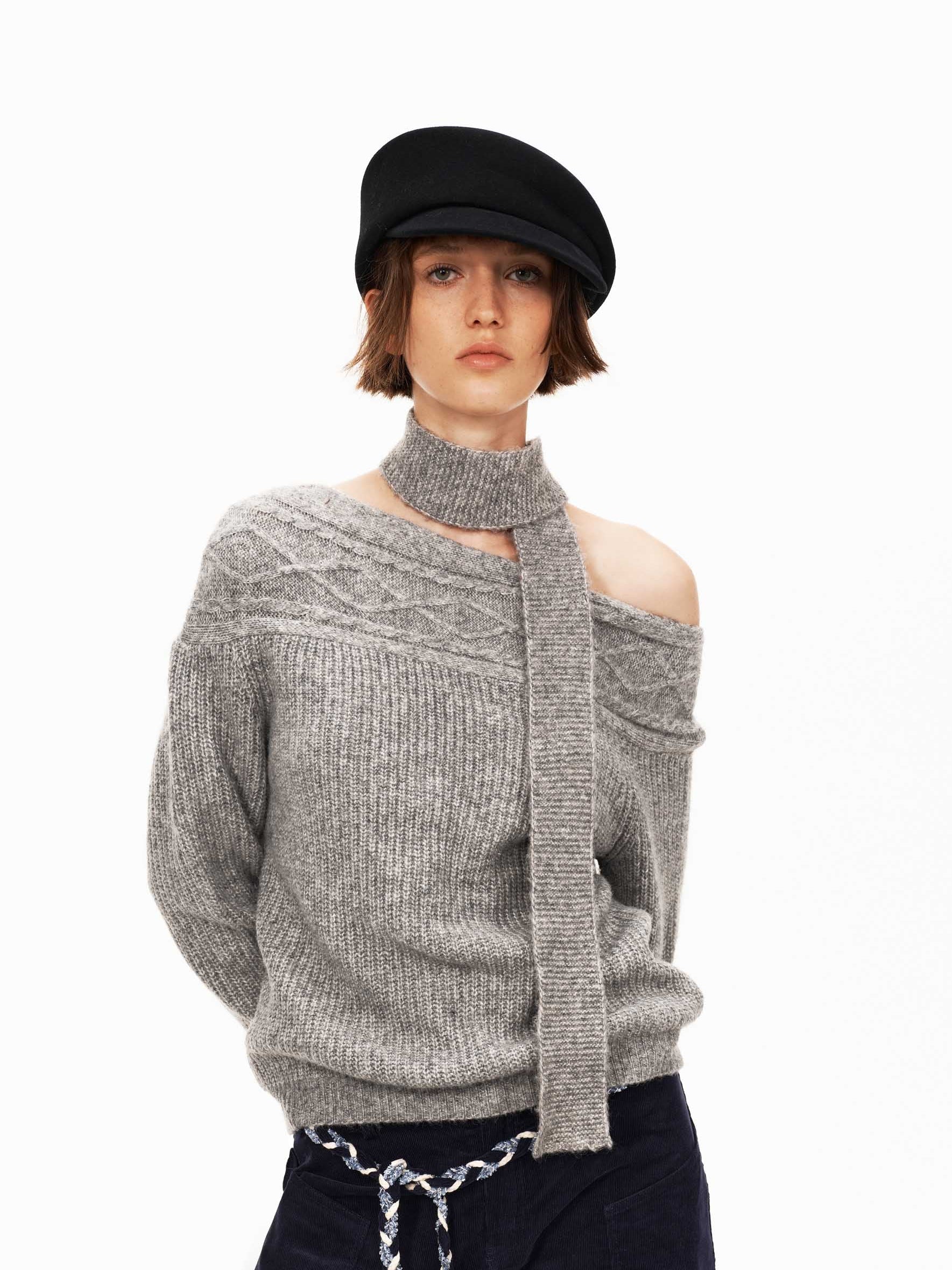 울 케이블 니트 스카프 스웨터