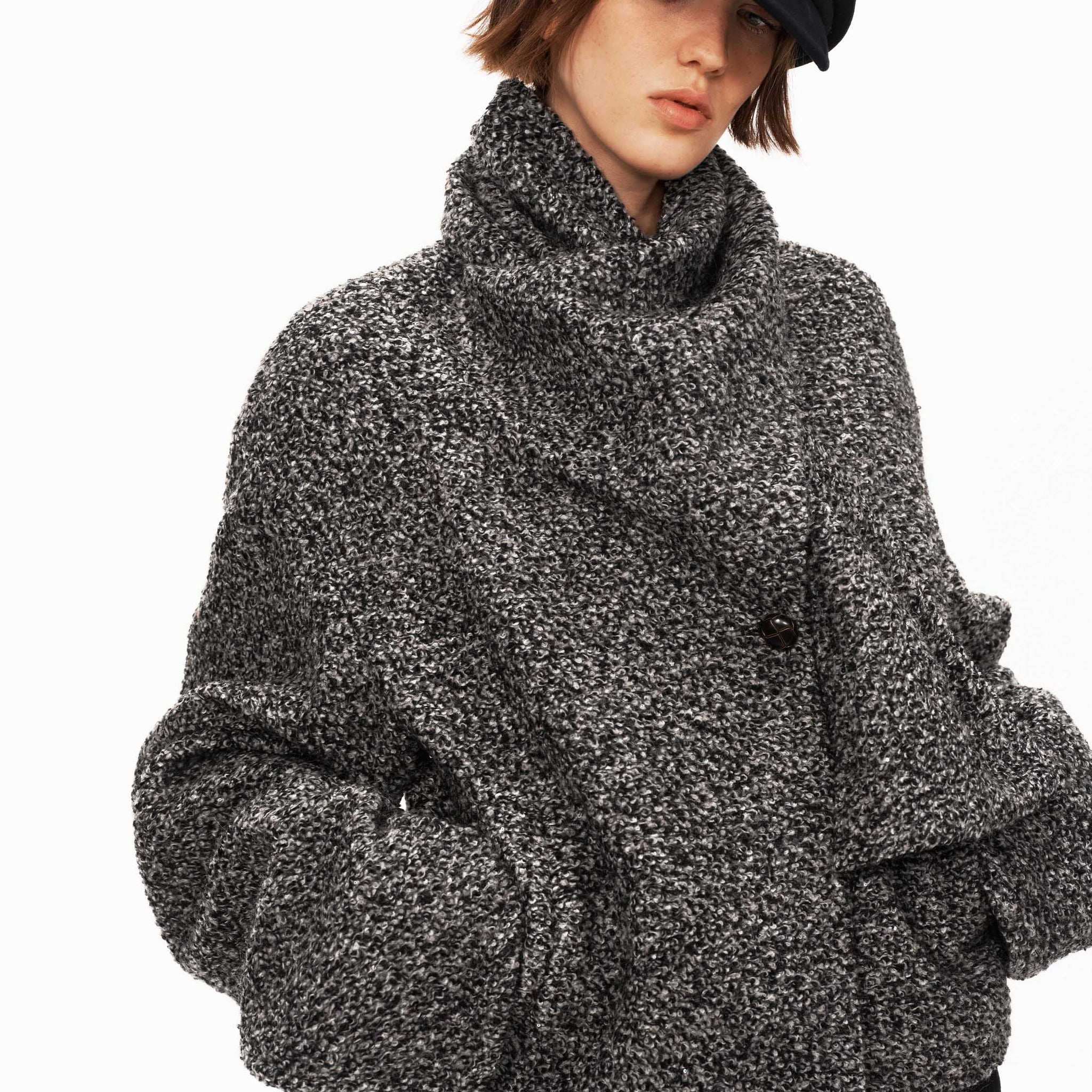 Wool Blend Scarf-Collar Short Coat