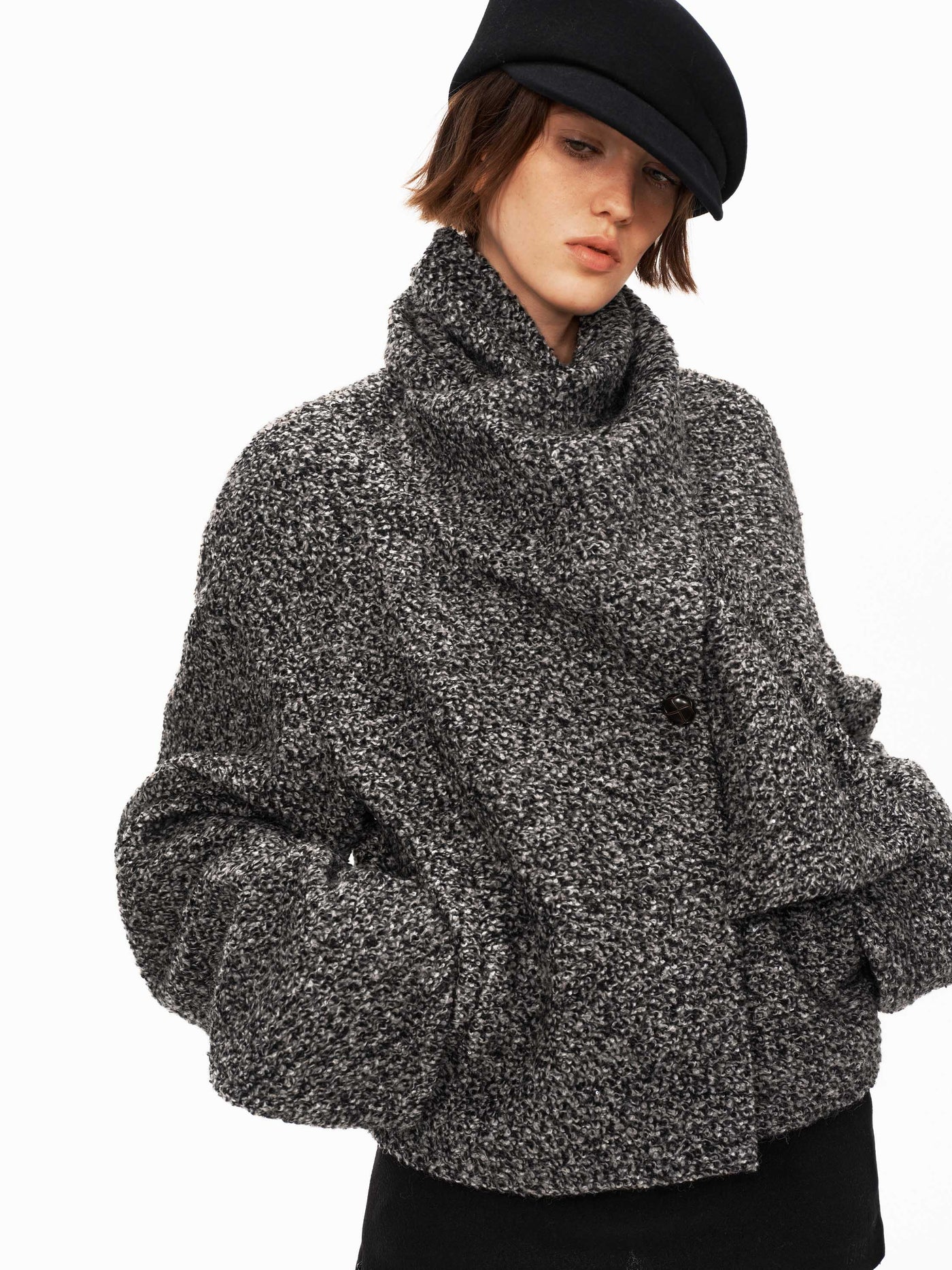 Wool Blend Scarf-Collar Short Coat