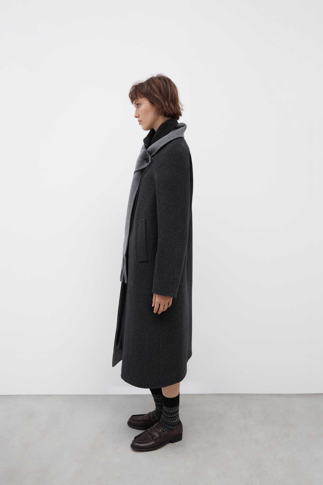 Wool Fringe Coat with Scarf Collar