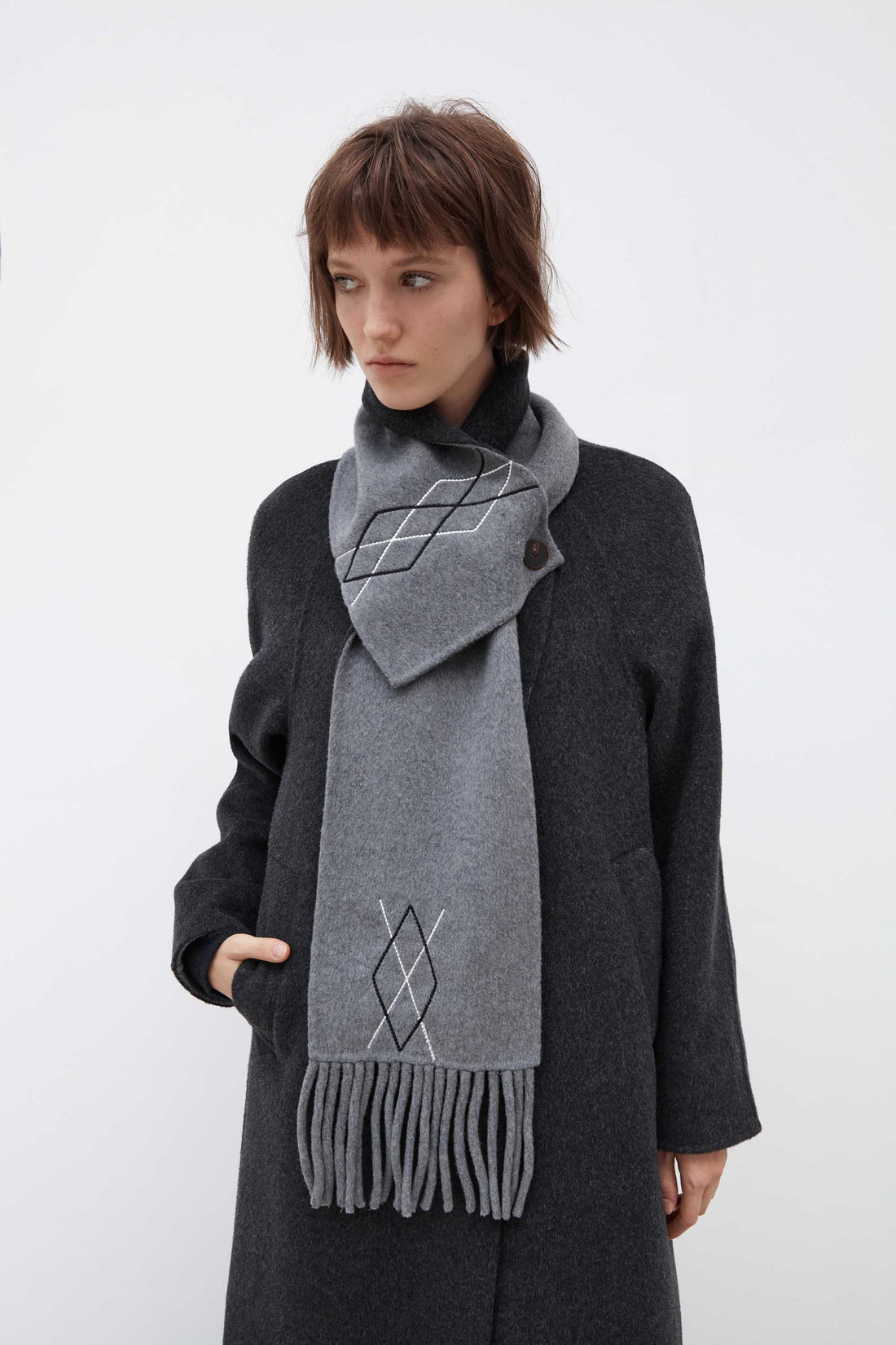 Wool Fringe Coat with Scarf Collar