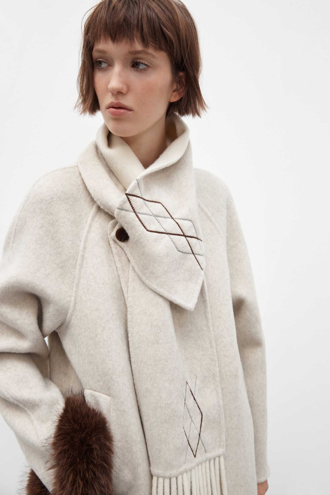 Wool Fringe Coat with Scarf Collar