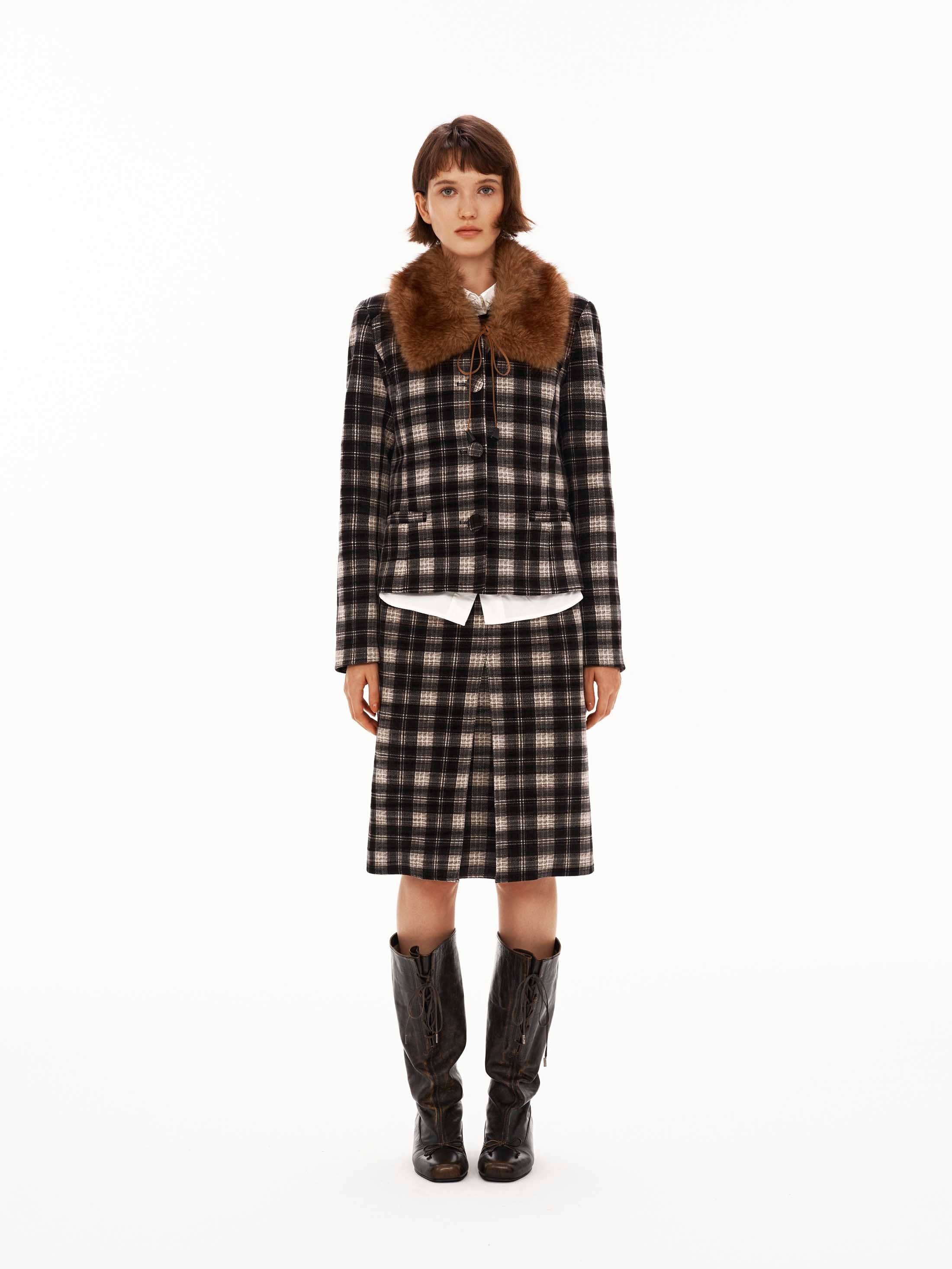 Check Tweed Set with Faux Fur Collar Set