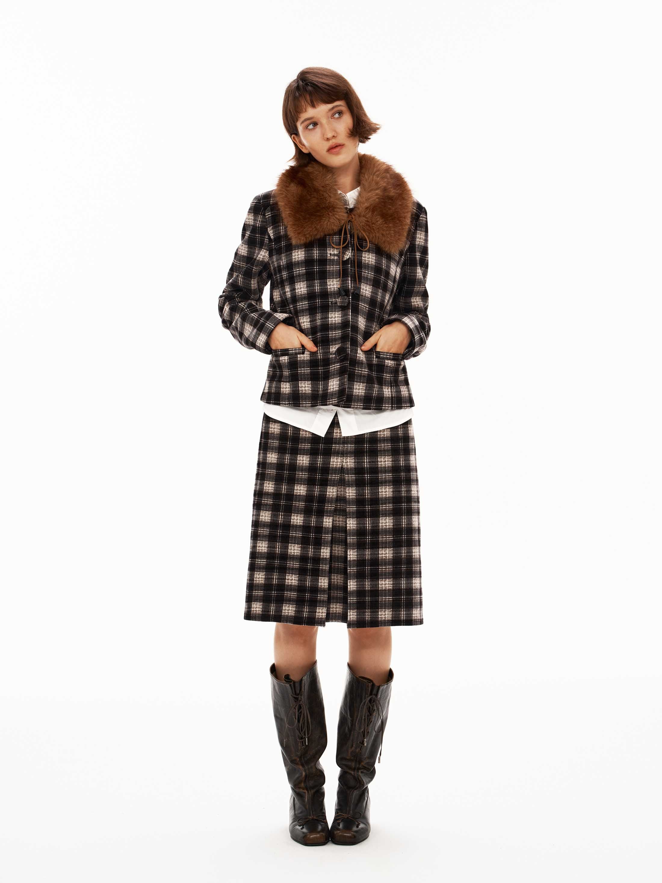 Check Tweed Set with Faux Fur Collar Set