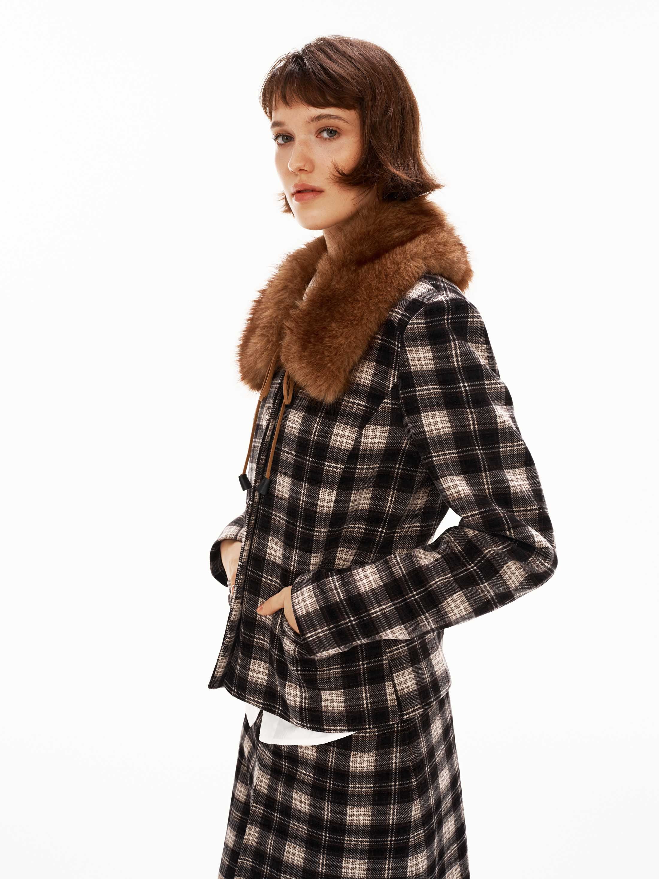 Check Tweed Set with Faux Fur Collar Set