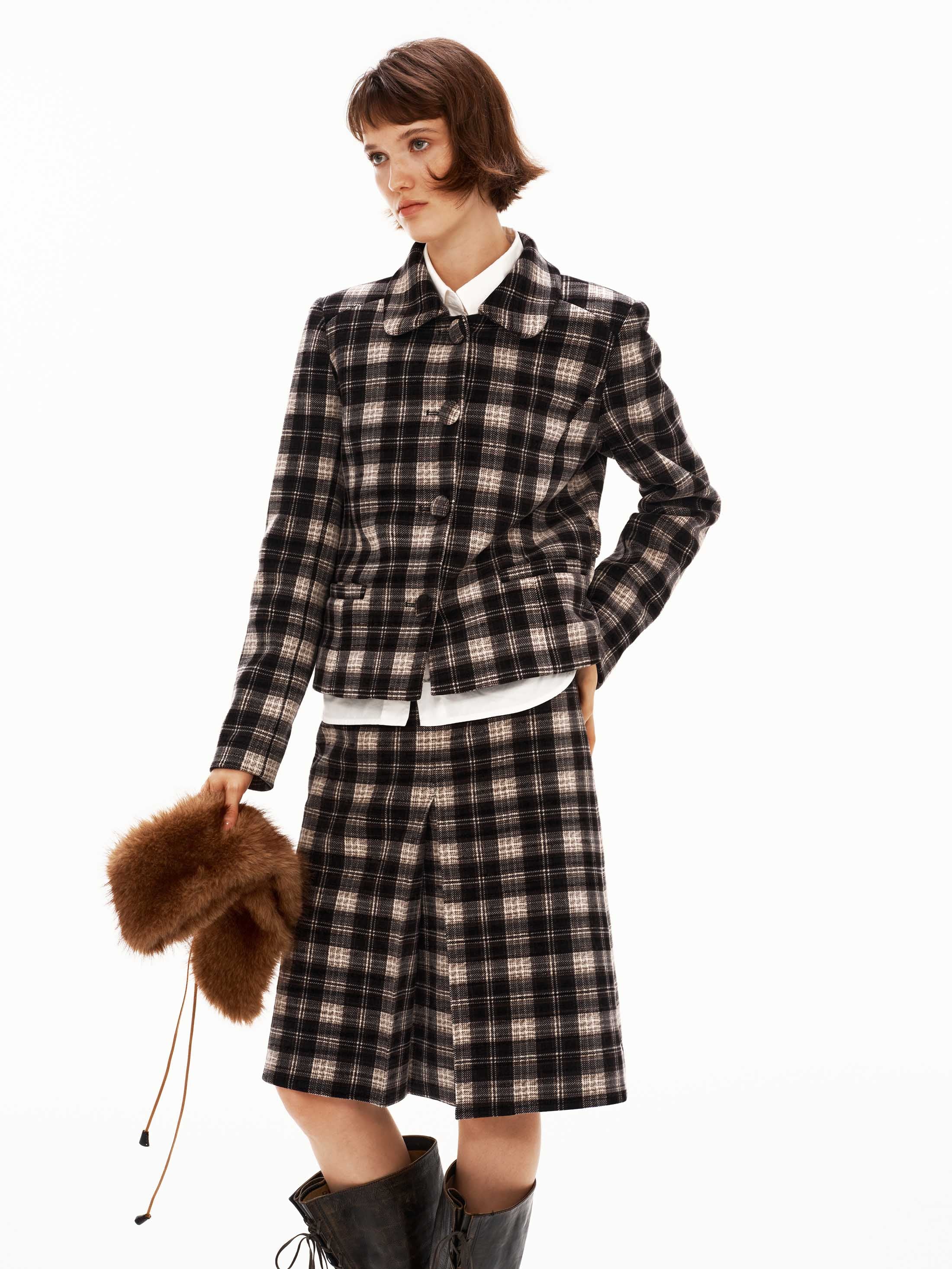 Check Tweed Set with Faux Fur Collar Set