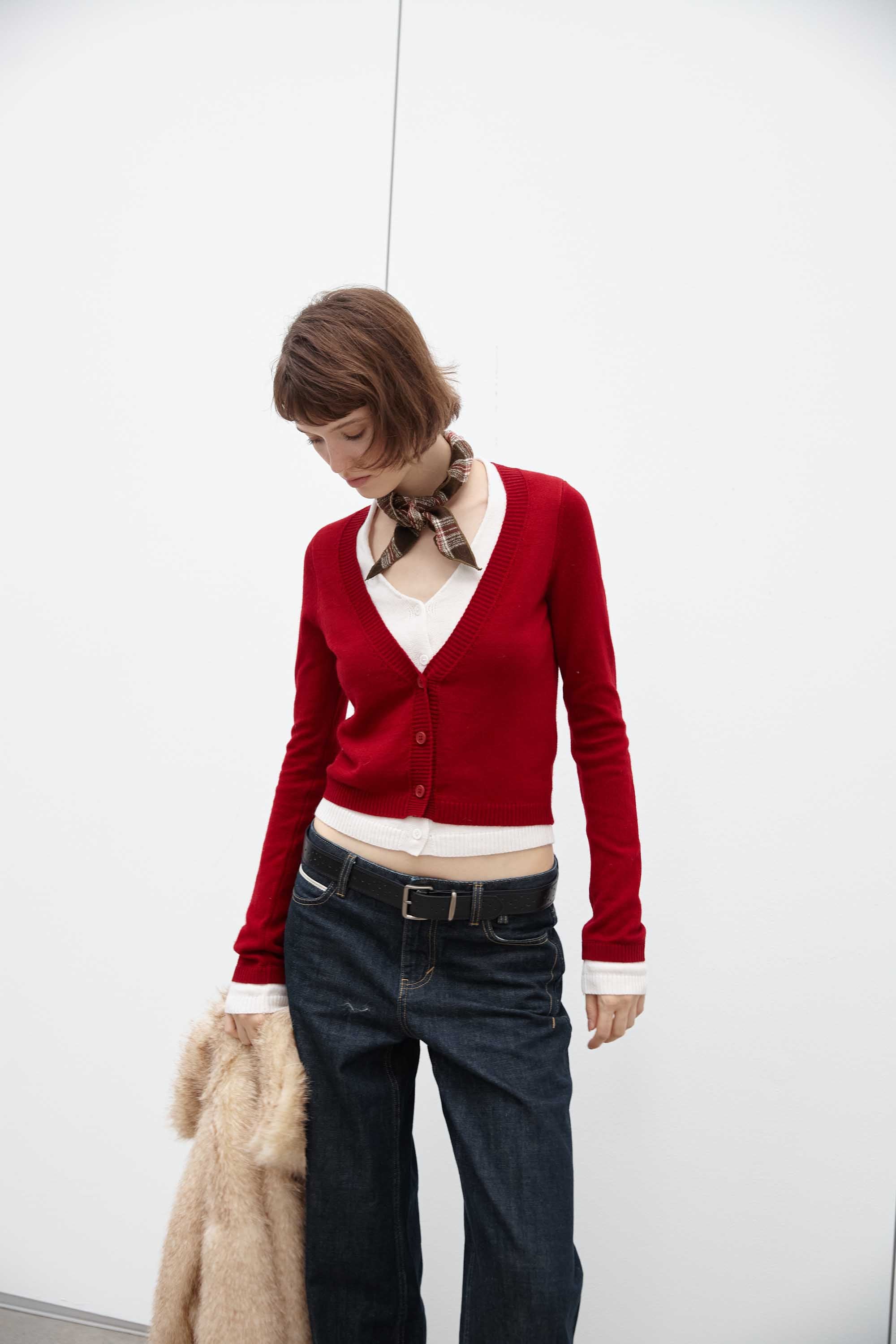 Contrast Layered V-Neck Wool-Blend Cardigan Top