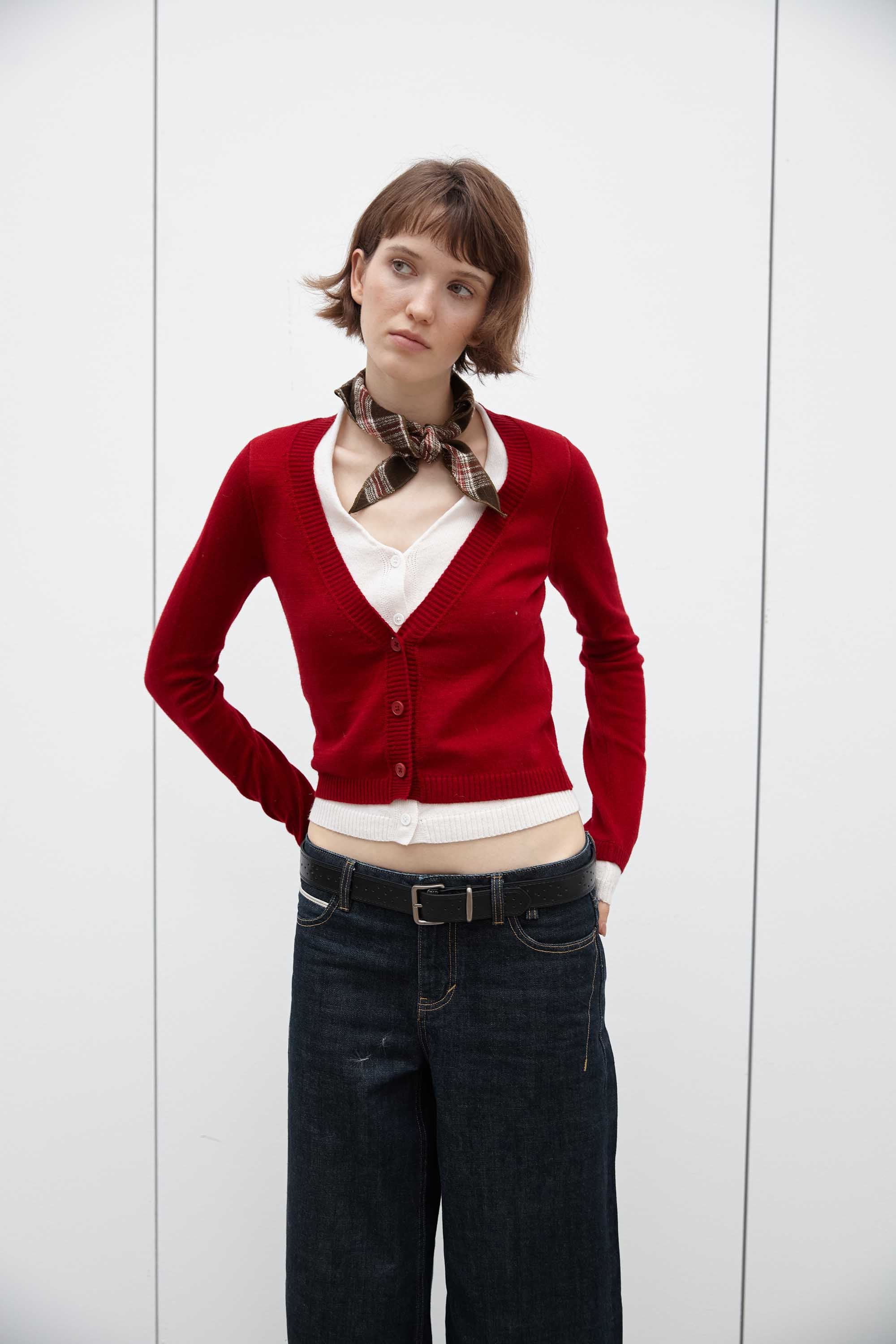 Contrast Layered V-Neck Wool-Blend Cardigan Top