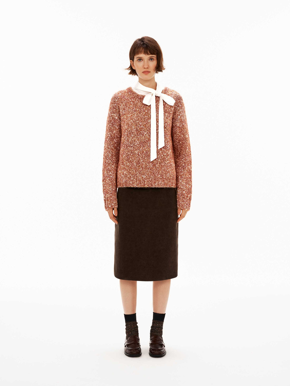 Mixed Wool Knit Top with Detachable Bow