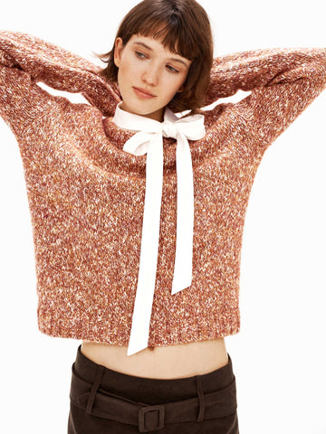 Mixed Wool Knit Top with Detachable Bow