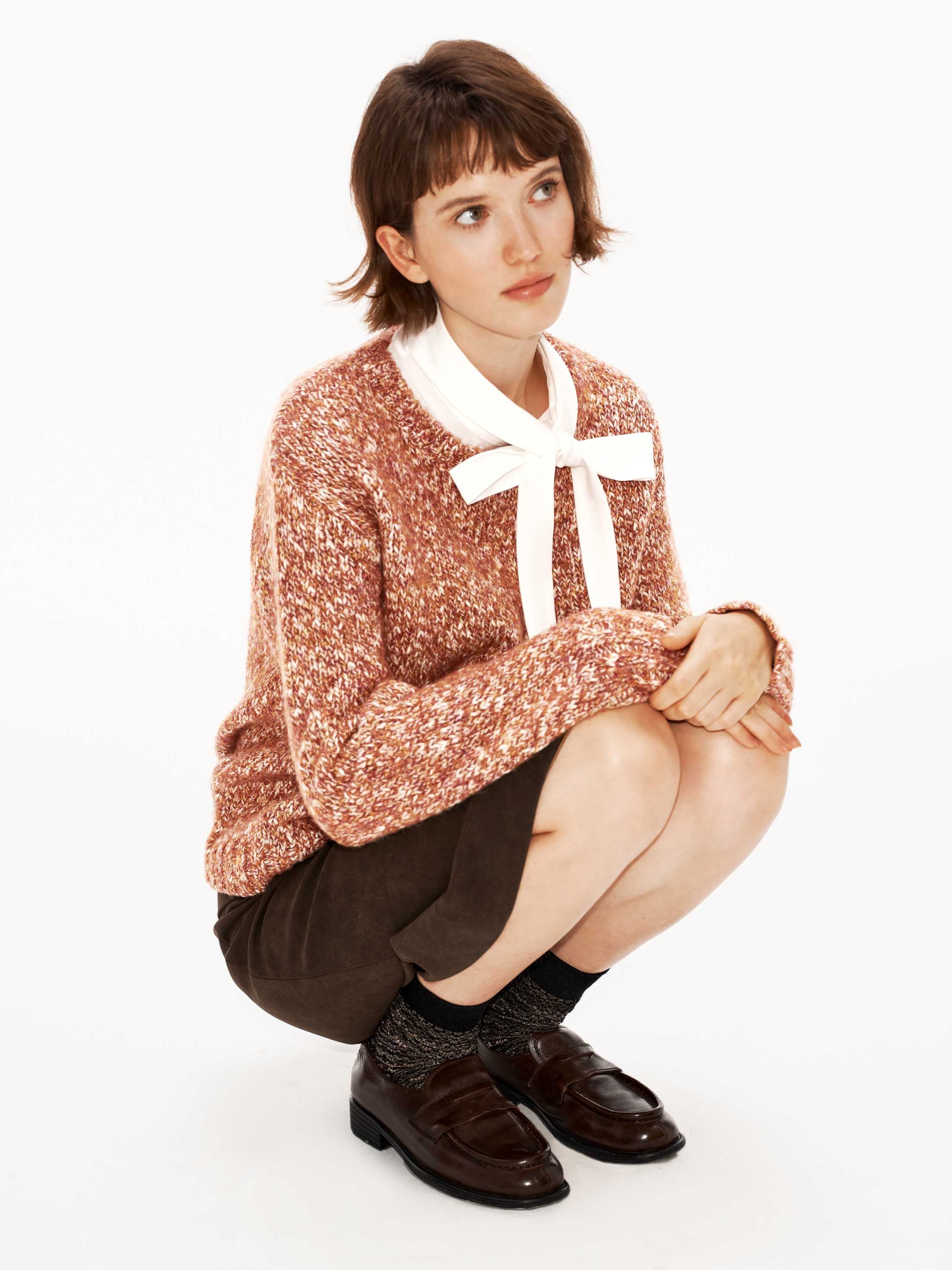 Mixed Wool Knit Top with Detachable Bow