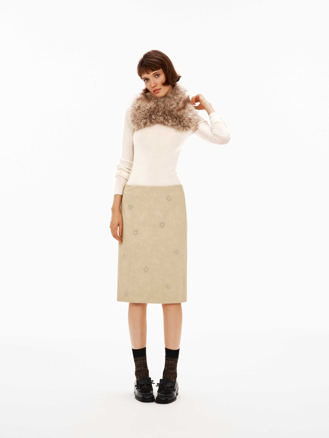 Suede Floral Beaded Mid-Low Rise H-Line Skirt