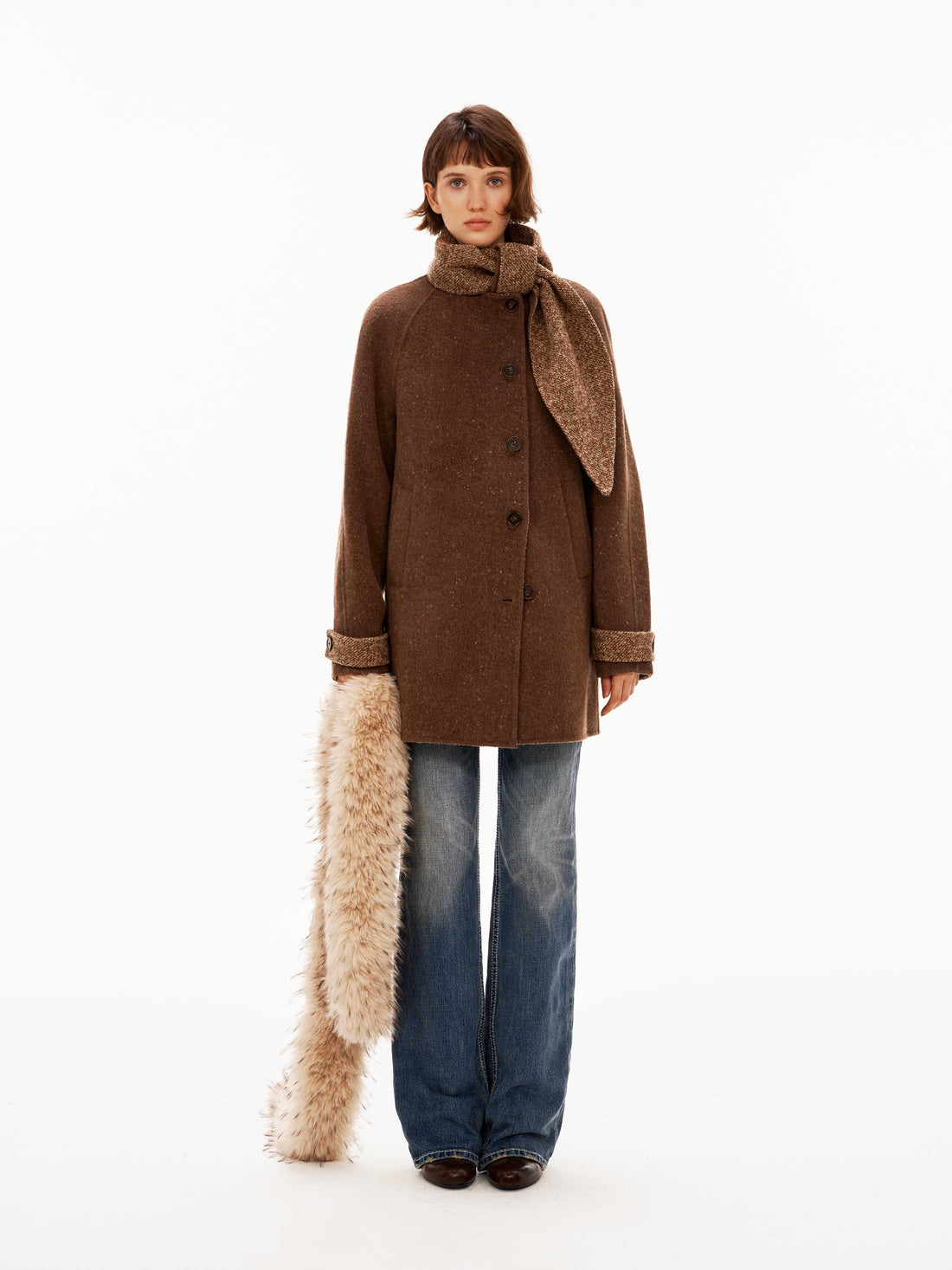 80% Wool Integrated-Scarf Contrast Double-Face Coat