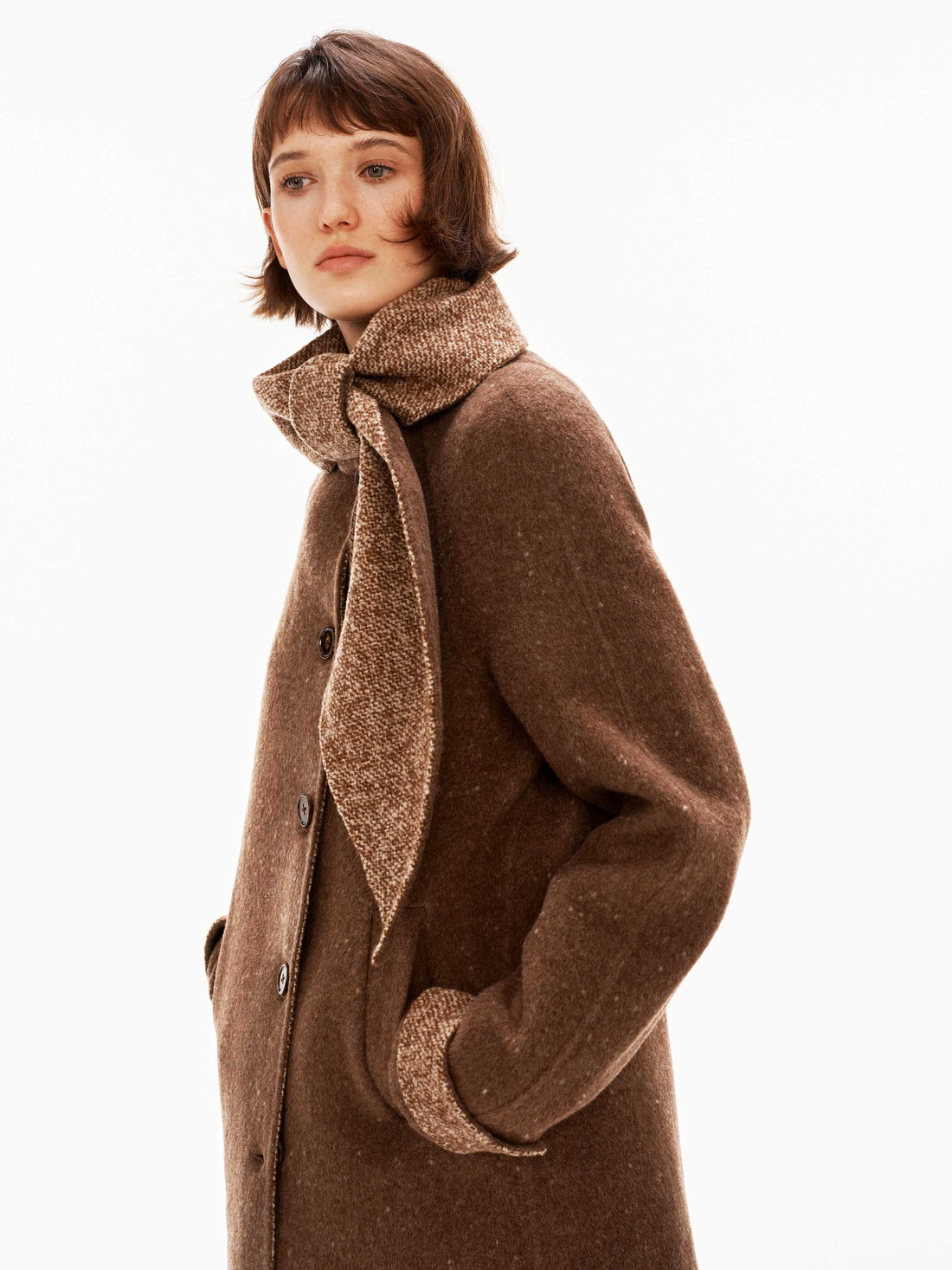 Wool Integrated-Scarf Contrast Coat