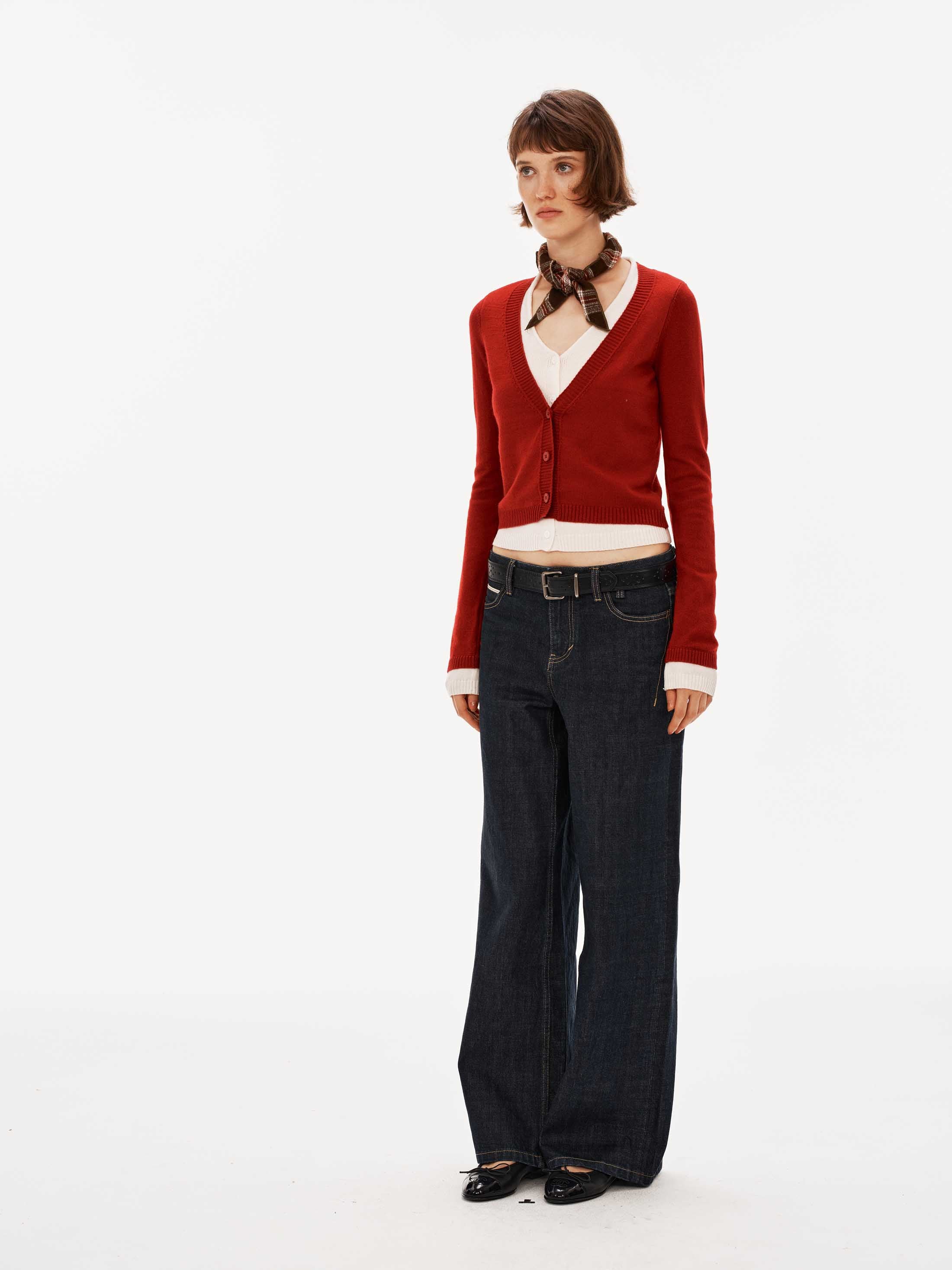 Contrast Layered V-Neck Wool-Blend Cardigan Top