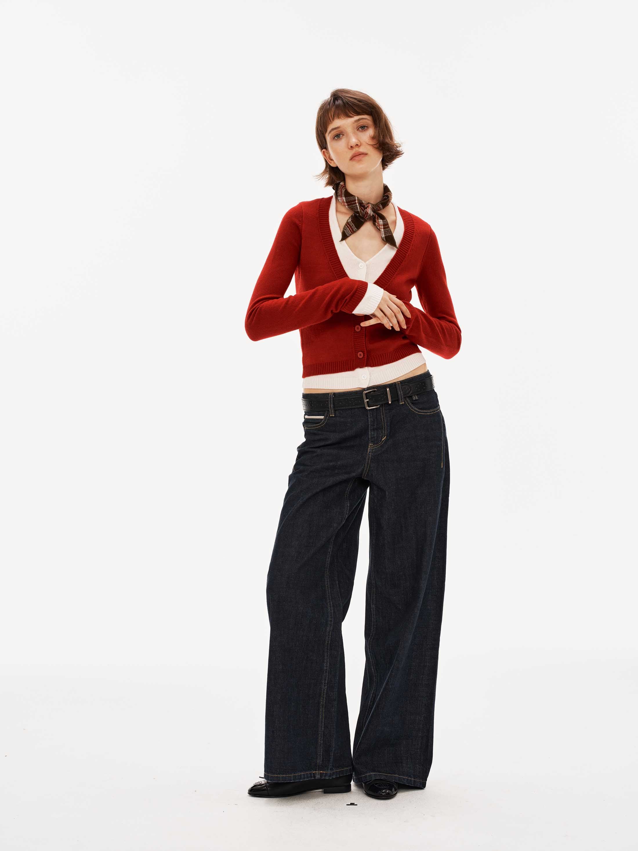 Contrast Layered V-Neck Wool-Blend Cardigan Top