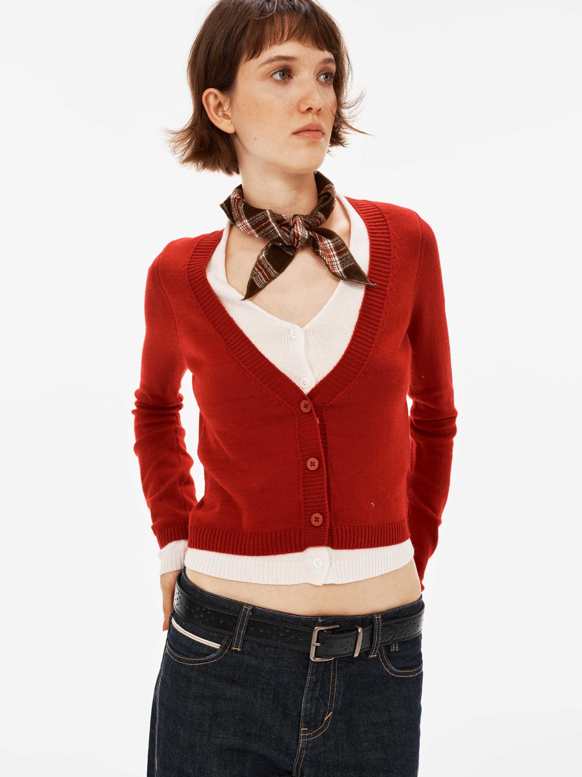 Contrast Layered V-Neck Wool-Blend Cardigan Top