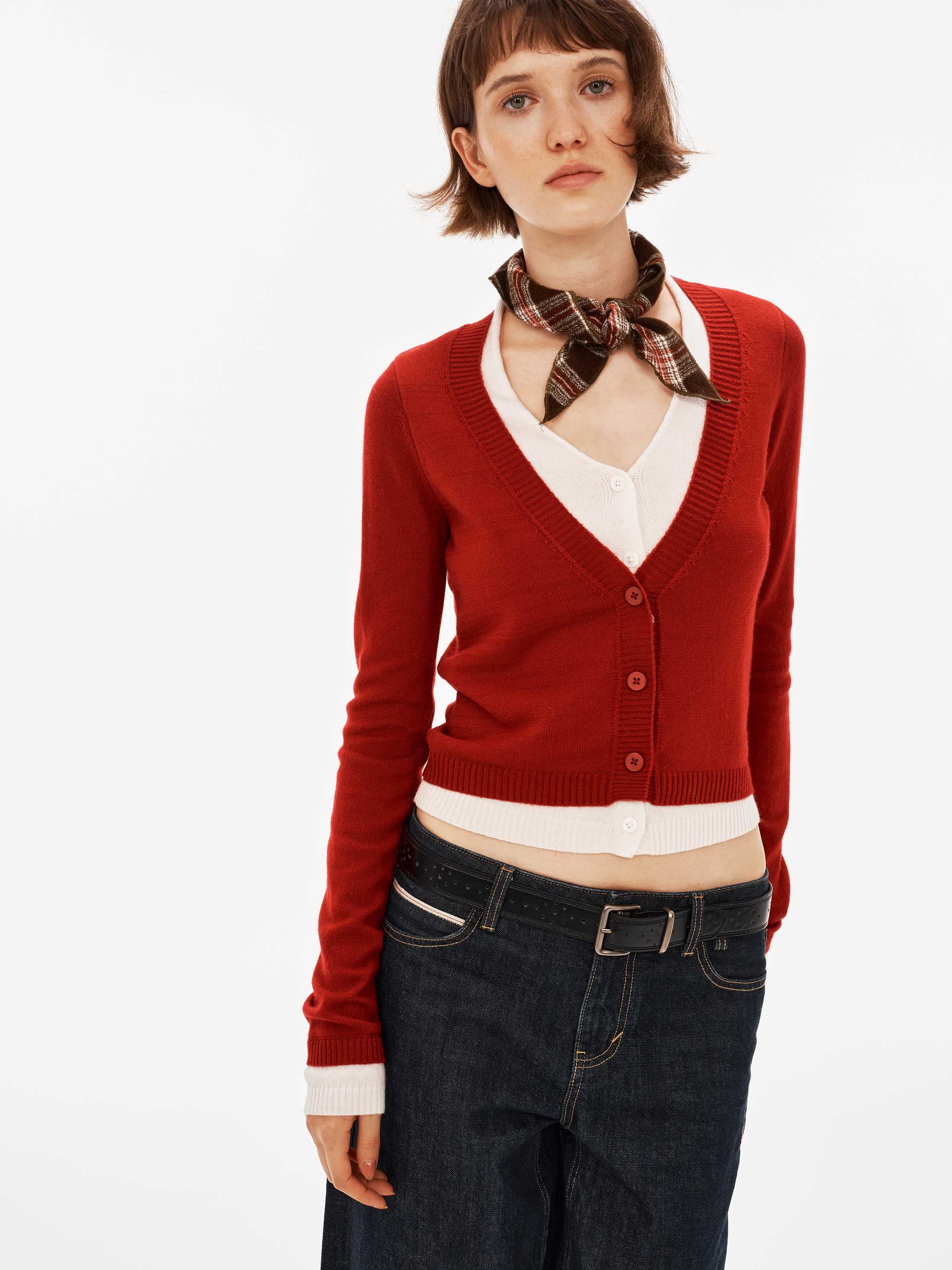 Contrast Layered V-Neck Wool-Blend Cardigan Top