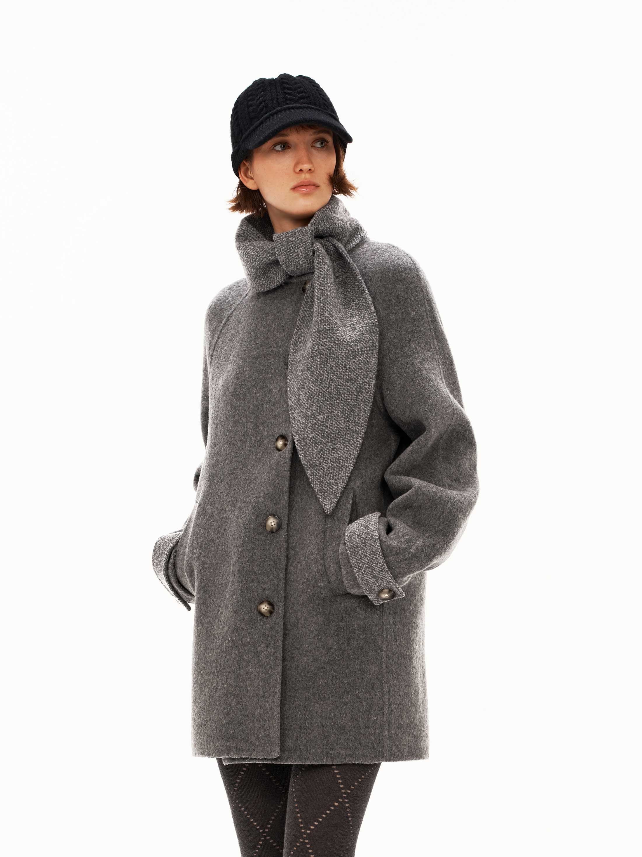 80% Wool Integrated-Scarf Contrast Double-Face Coat