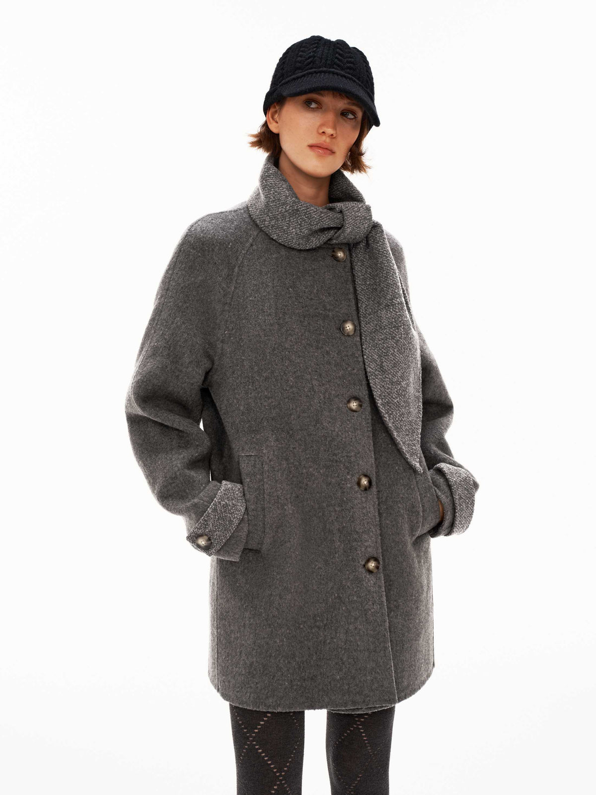 Wool Integrated-Scarf Contrast Coat
