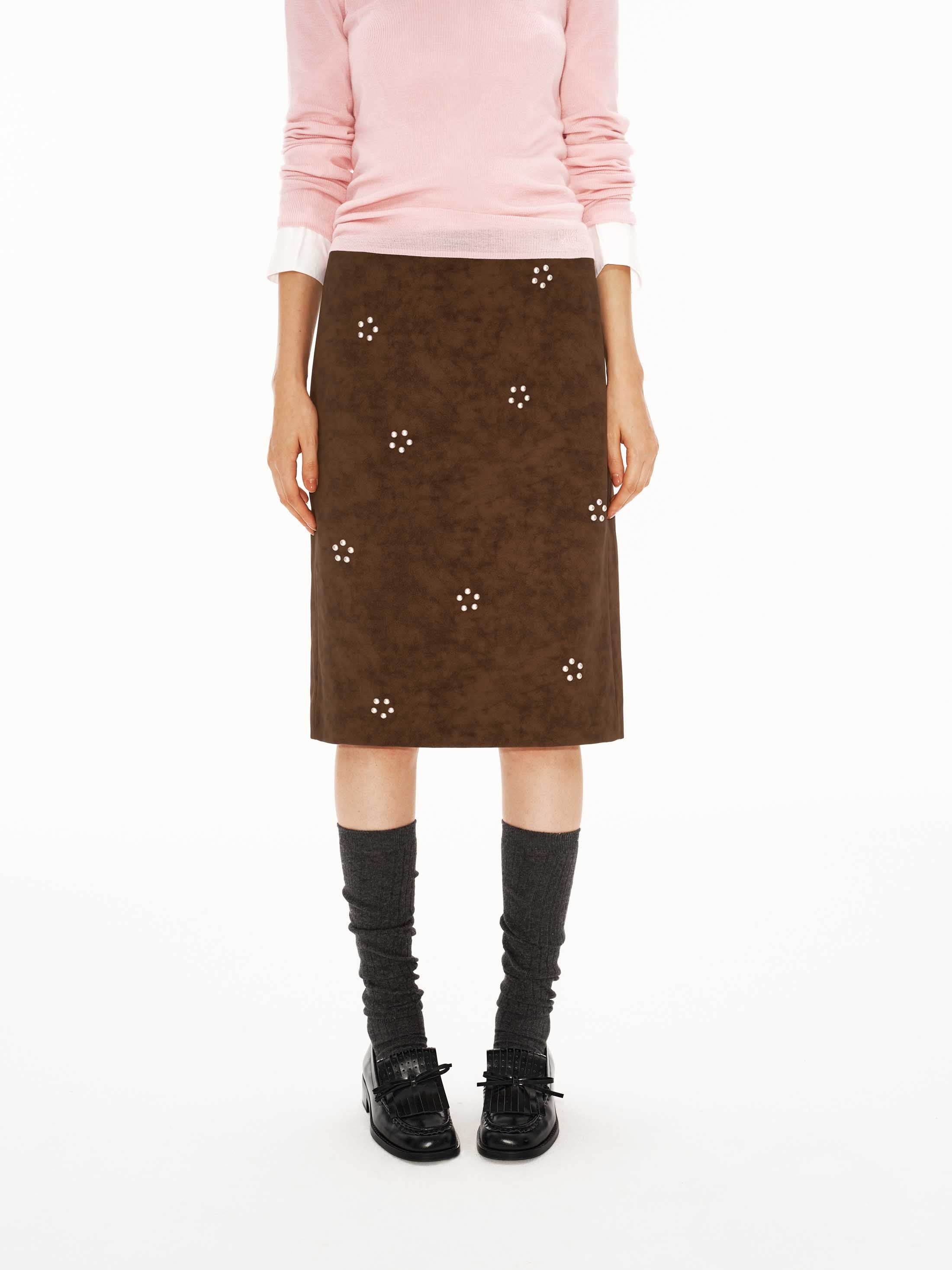 Suede Floral Beaded Mid-Low Rise H-Line Skirt