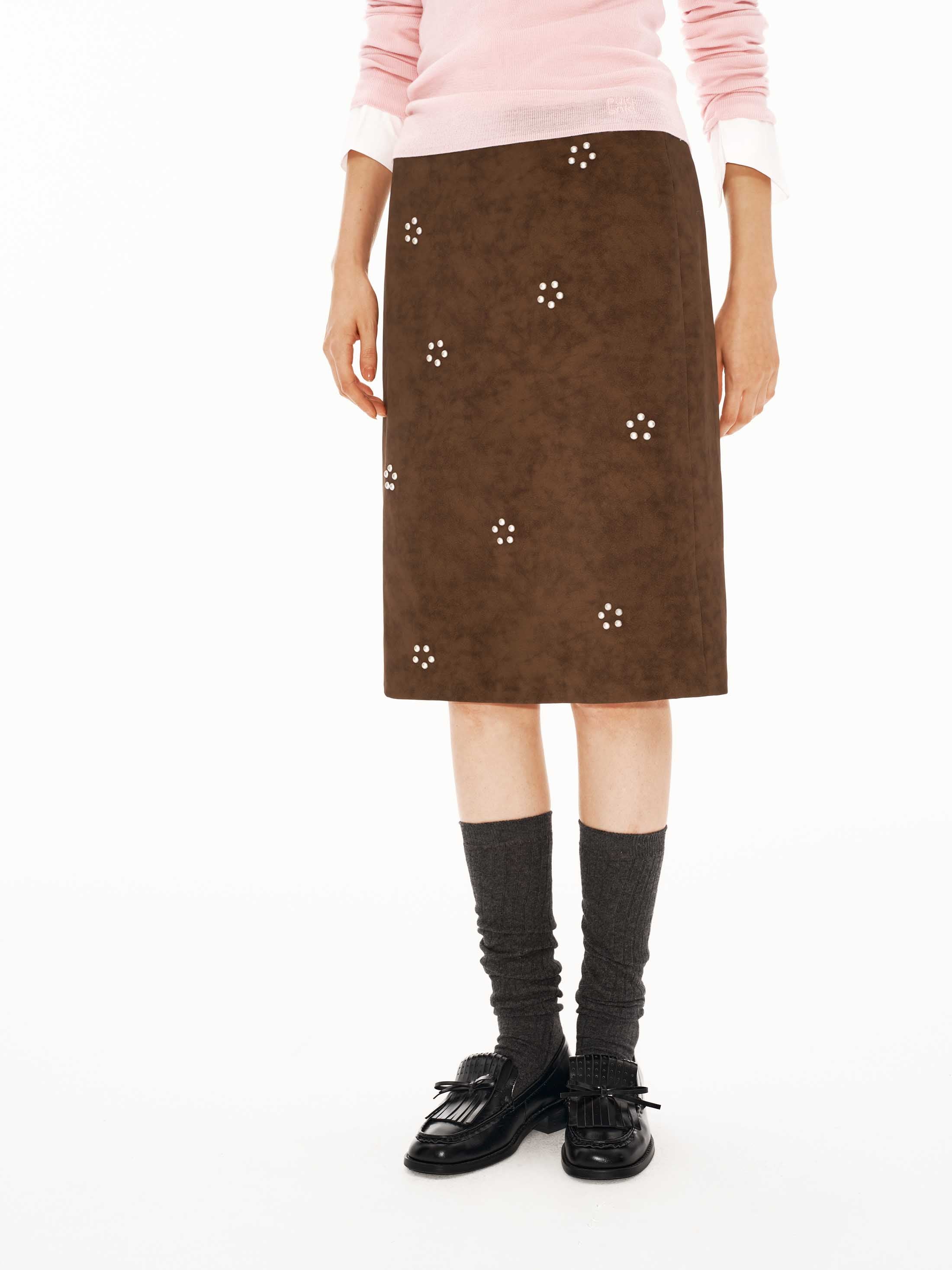 Suede Floral Beaded Mid-Low Rise H-Line Skirt