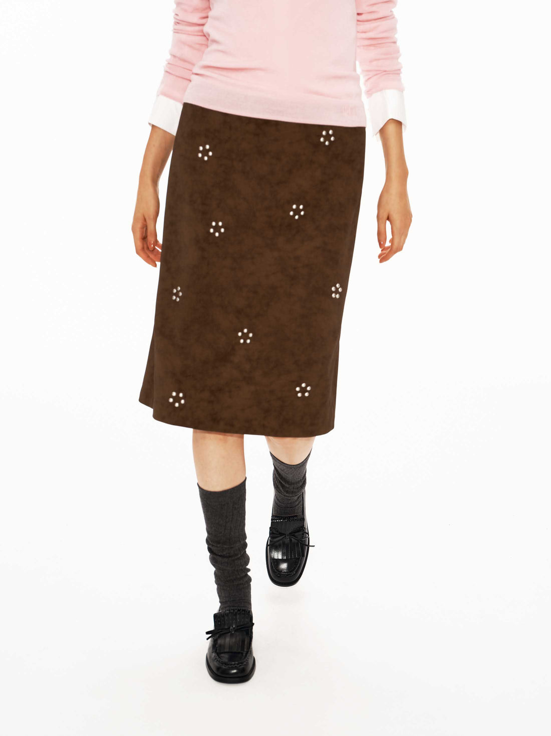 Suede Floral Beaded Mid-Low Rise H-Line Skirt